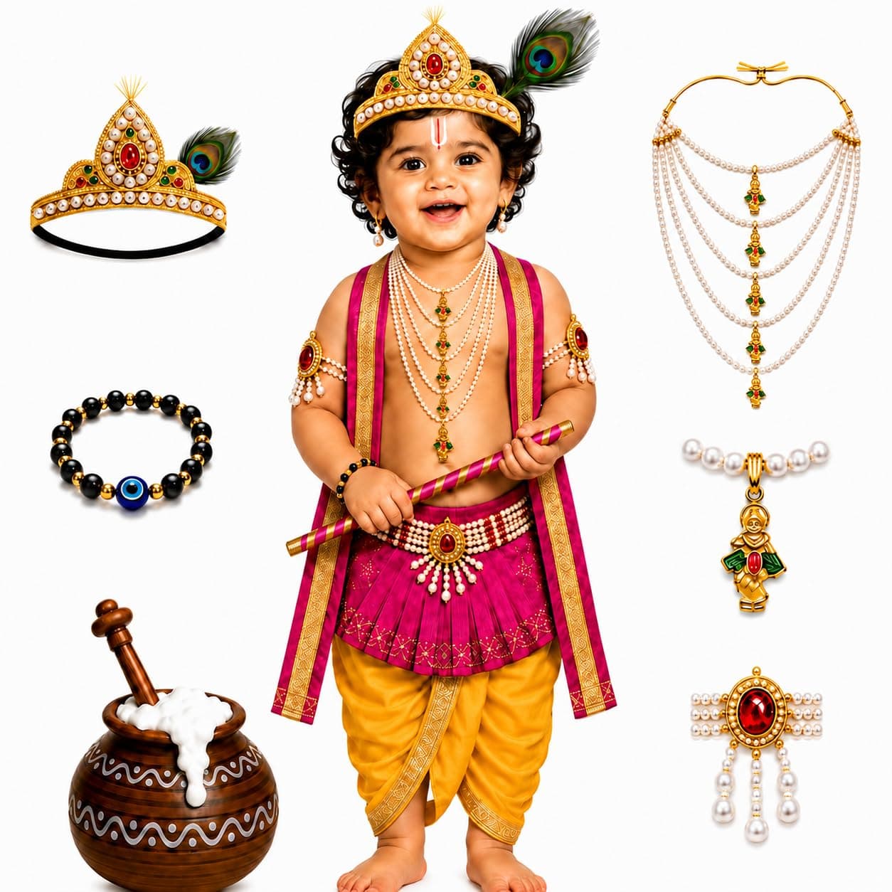 Raj Costume Shri Krishna Dress for Kids, Bal Krishna Costume for Baby Boy and Girl, Janmashtami Fancy Dress Costume, Krishna Dress for Kids