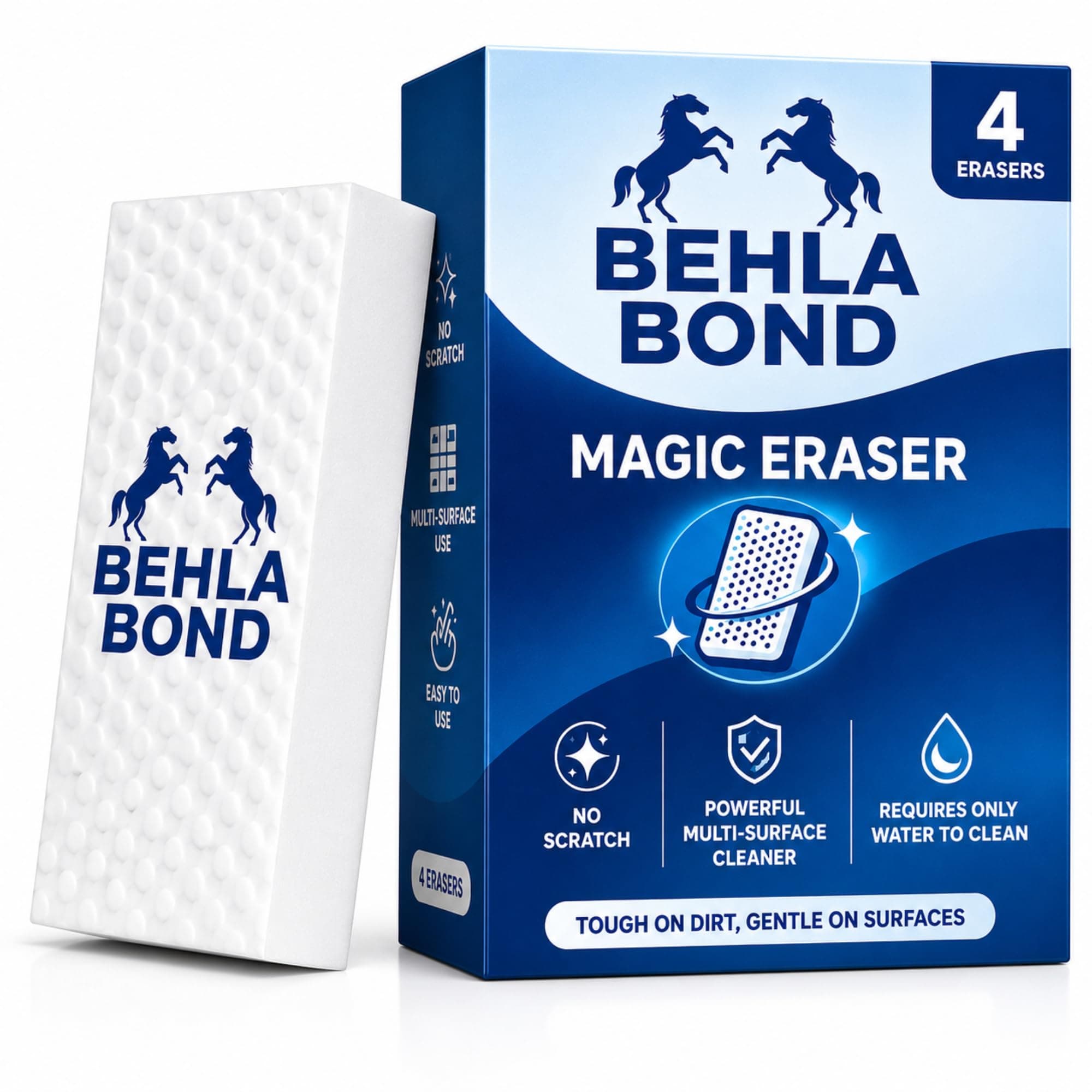 Behlabond Magic Eraser Sponge 4 Pack | Multi Surface Cleaning Melamine Foam Pad for Wall Marks, Kitchen Tiles, Bathroom Basin, Stain and Scuff Remover