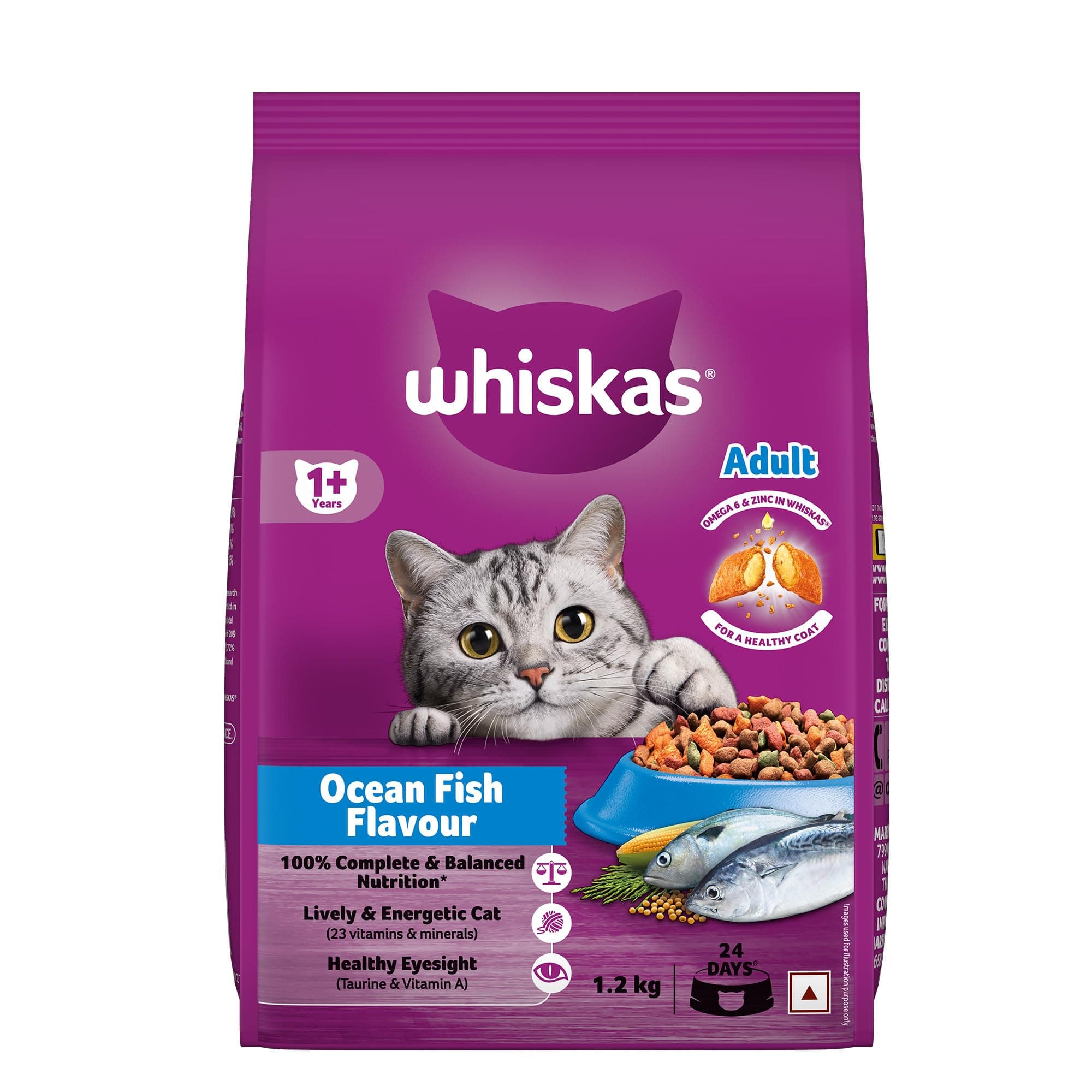Whiskas Adult (1+ Years) Dry Cat Food, Ocean Fish Flavour, 1.2 kg, Contains 41 Essential Nutrients, Complete & Balanced Nutrition for Adult Cats