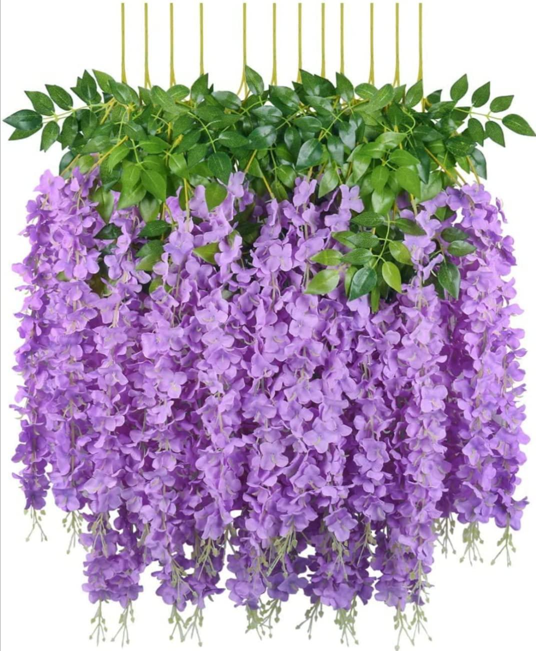 VRB Dec Pack of 12 (43.2Ft) Artificial Wisteria Vine| Ratta Fake Wisteria Hanging | Garland Silk Long Hanging Bush Flowers String for Home Party Wedding Decor (Dotted Purple, 12)