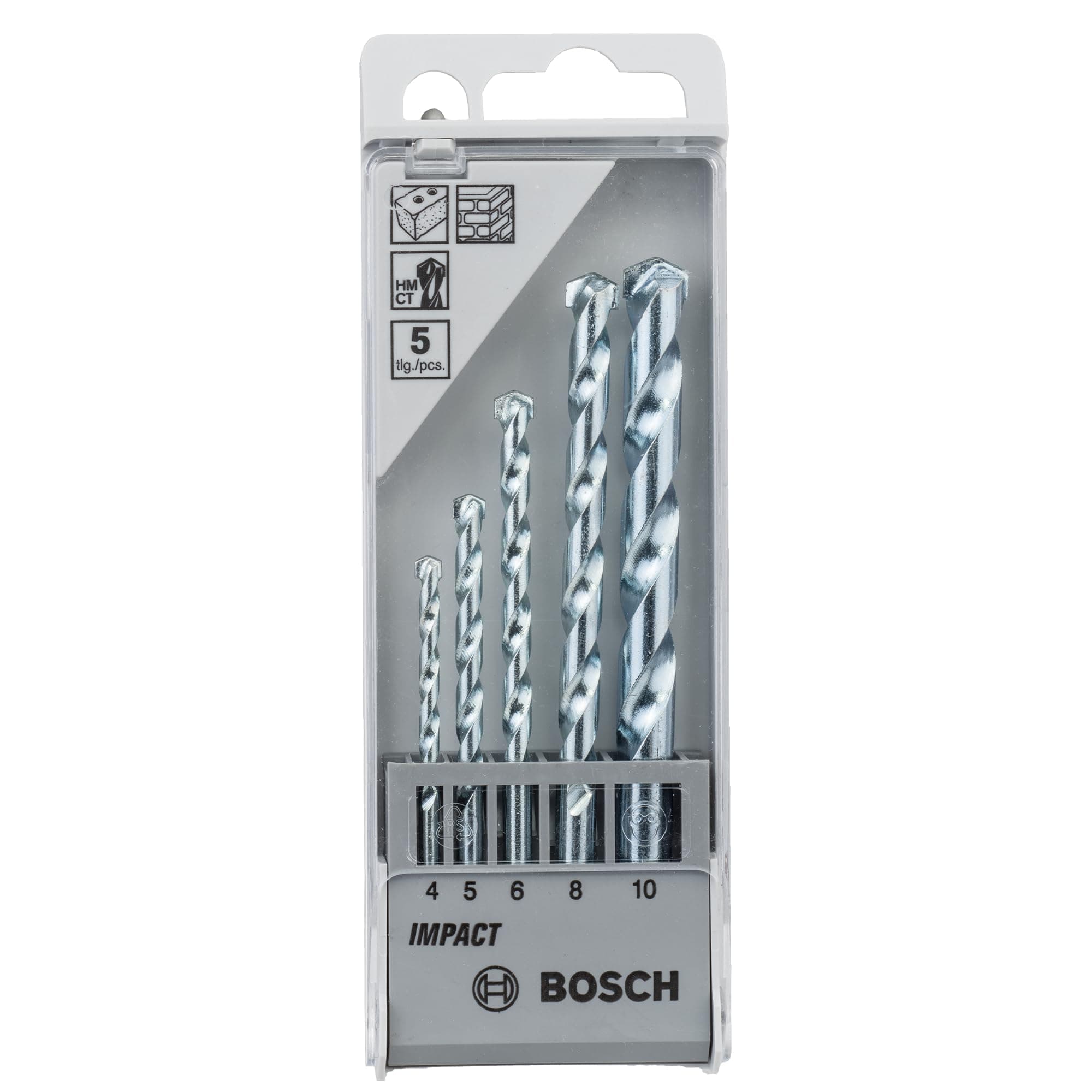 BOSCH 5-piece CYL-1 Masonry Drill Bit Set, For Professionals, Compact and Portable, Two-Cutter Tip, 2-flute U-shape, Impact Drill Compatibility, 5 Masonry Bits of 4mm, 5mm, 6mm, 8mm,and 10mm