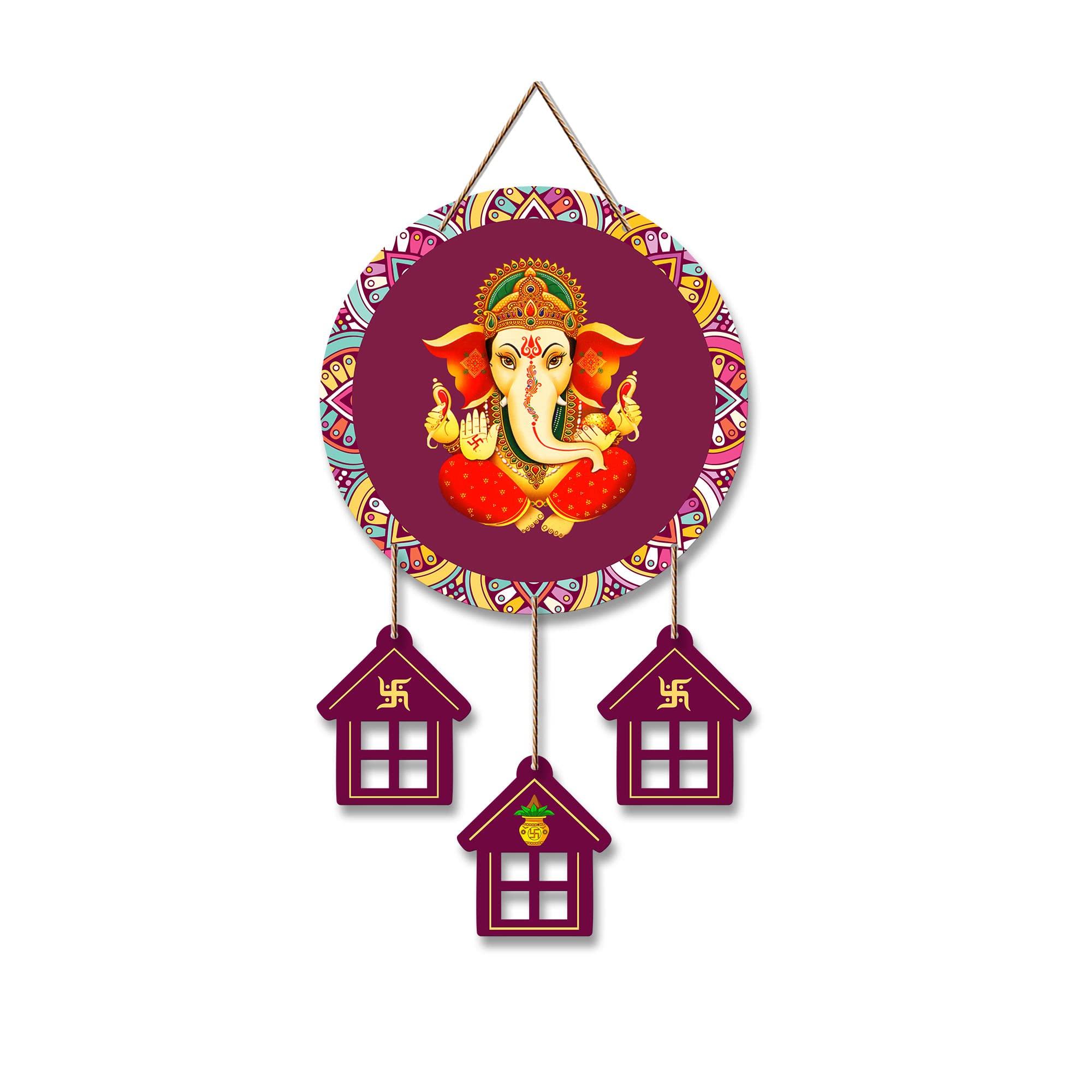 Artvibes Lord Ganesha Auspicious Wooden Art Work Wall Hanging For Good Luck Properity Vastu | Spiritual Decor Items | Paintings | Wall Poster| Stylish Modern Decor Item | Gift Items (WH_7204N)
