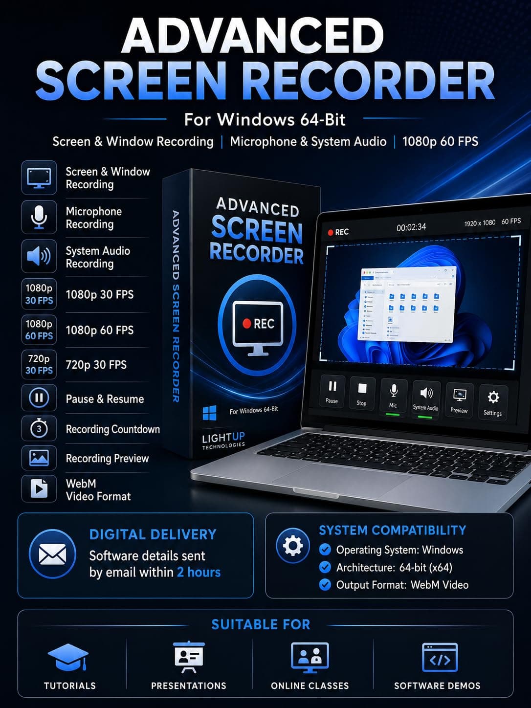 Advanced Screen Recorder for Windows | One Year License for One PC | Full Screen Window & Audio Recording with High Quality | Premium Quality & Best Security | Email Delivery of Software in 2 hours | WhatsApp Support at +91 8233993141