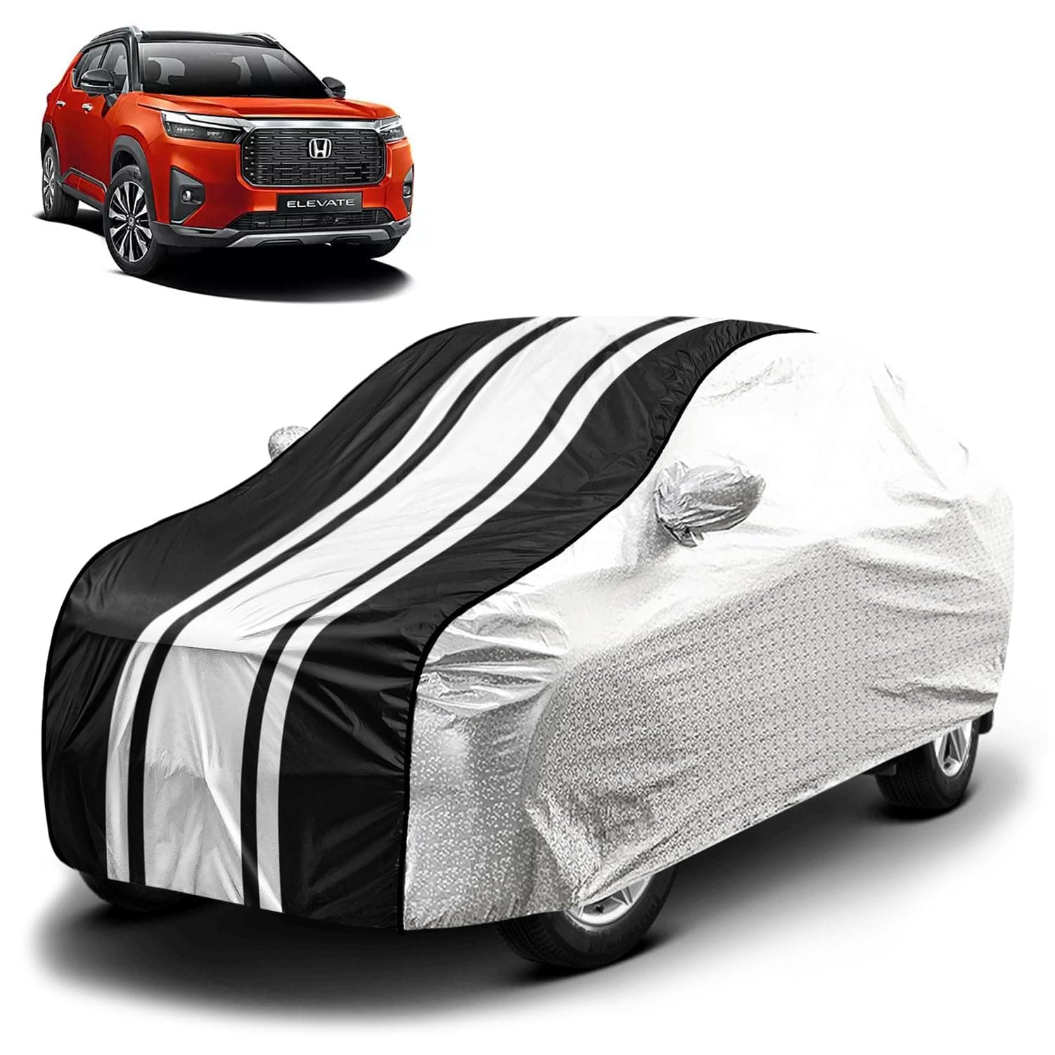Fabtec Waterproof Car Body Cover for Honda Elevate with Mirror Pocket and Soft Cotton Lining, Bottom Elastic, Triple Stitched (Metallic Silver with Black Stripes) (No Antenna Pocket)