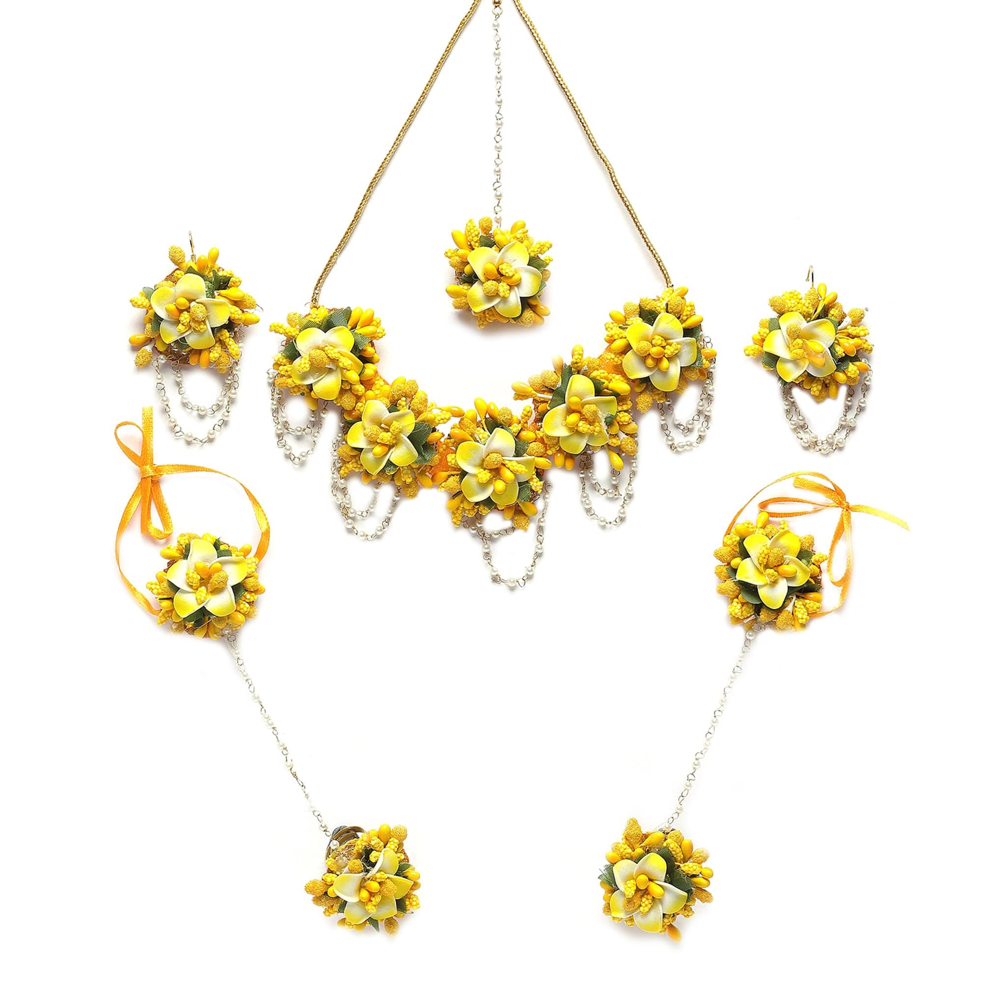 ZENEME Handmade Yellow & Gold Floral Jewellery Set for Women & Girls | Handcrafted Flower with Pearls Necklace Set with Earrings, Maang Tikka & Pair of Hathphool Bangle | Mehendi, Haldi, Wedding & Bridal Jewallery