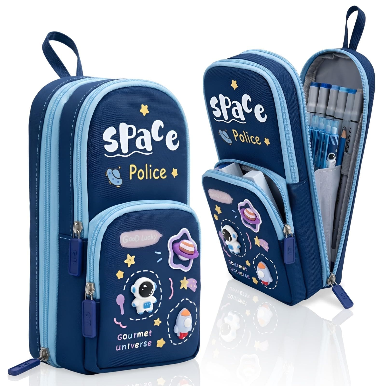 WireScorts Space Police Multifunctional Pencil Pouch | Large Capacity 3 Zipper Pencil Case with Multiple Compartments | Stationery Organizer for School Kids | Durable Fabric, Cute Space Police Design