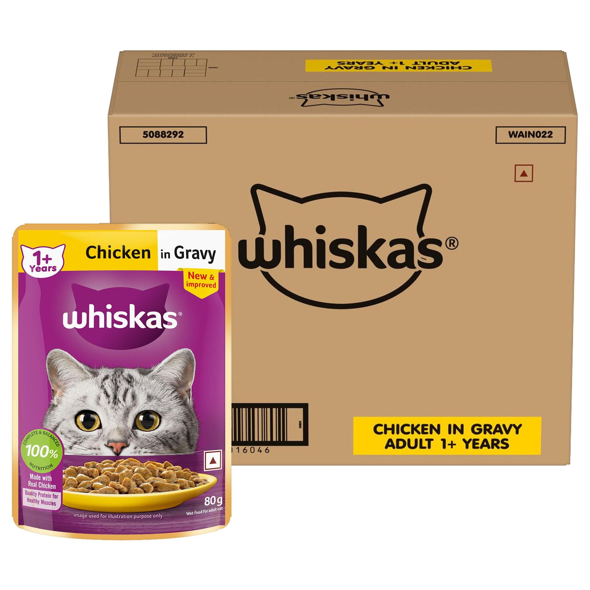 Whiskas Adult (1+ Years) Wet Cat Food, Chicken in Gravy, 80 g (Pack of 112), Hydrating Food Made With Real Chicken, 100% Complete & Balanced Nutrition for Adult Cats