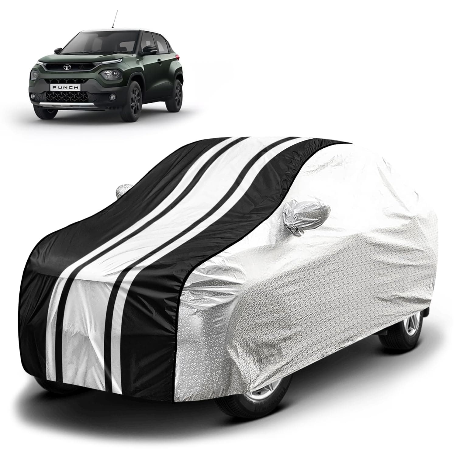 Fabtec Waterproof Car Body Cover for Tata Punch with Mirror Pocket and Soft Cotton Lining, Bottom Elastic, Triple Stitched (Metallic Silver with Black Stripes) Full Size (No Antenna Pocket)