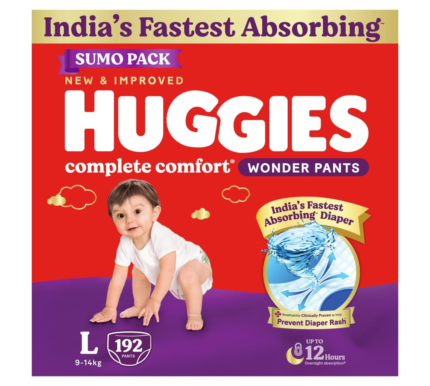 Huggies Complete Comfort Wonder Pants | Pant Style Baby Diapers Large Size (L), 192 Count | India's Fastest Absorbing Diaper, Prevents Diaper Rash, Ideal for 9 to 14 Kgs (64 Count, Pack of 3)