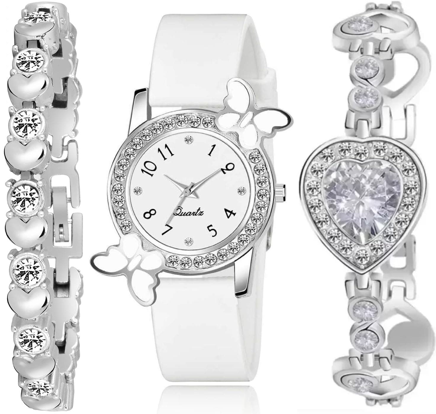 Acnos Polyurethane Dial Diamond Analog Watch With Diamond Bracelet For Girls - Butterfly Combo 3 Pack, White Band