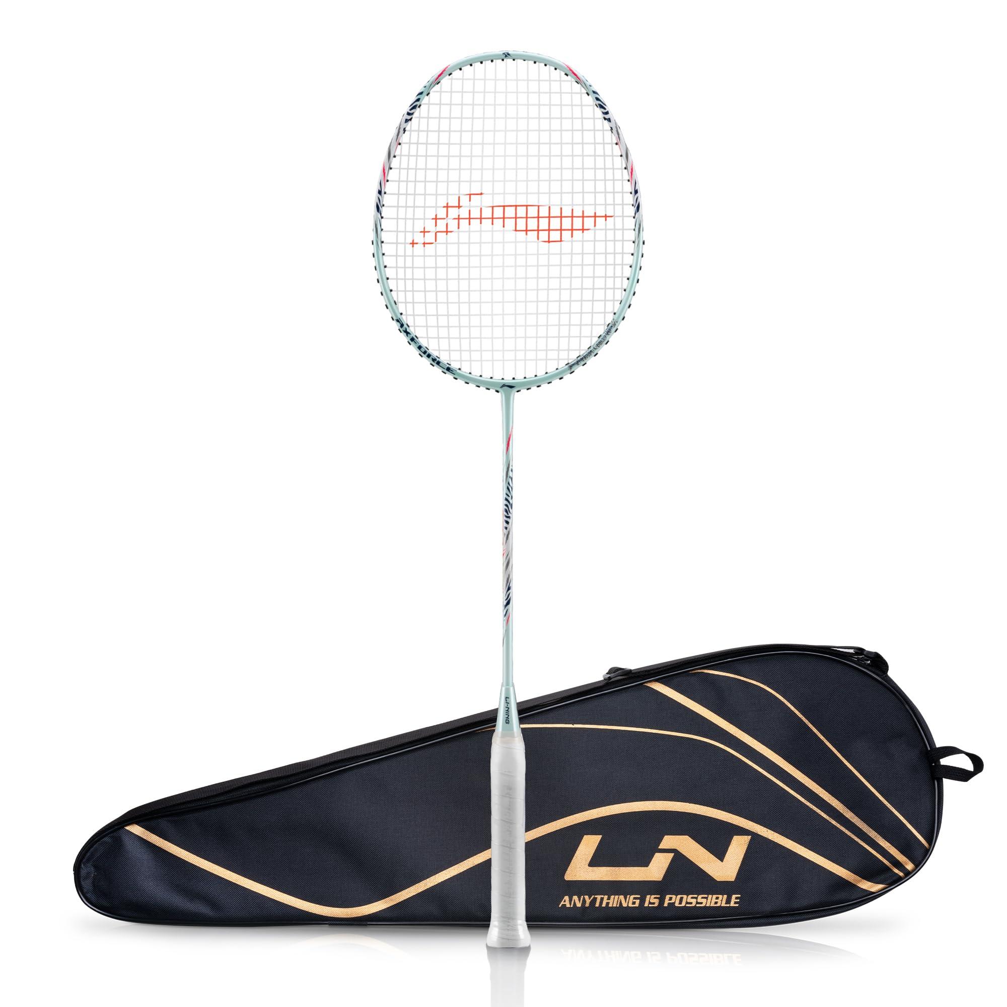 Li-Ning Axforce Tiger Strung Badminton Racquet for Professional Players |4U| 32 LBS Max Tension | Head Heavy | 7mm Flexible Shaft | Carbon Fibre Frame (Light Blue/Navy)