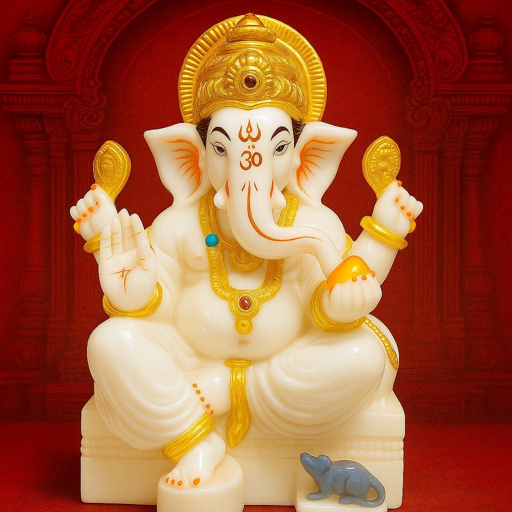 APNIMARKET Marble Dust Ganesh Idol | Vinayaka Statue | Ganpati Murti | Ganesha Idol for Home Decor | Showpieces | Gift Items for Diwali - White 7 inch Ganpati Idol, Religious