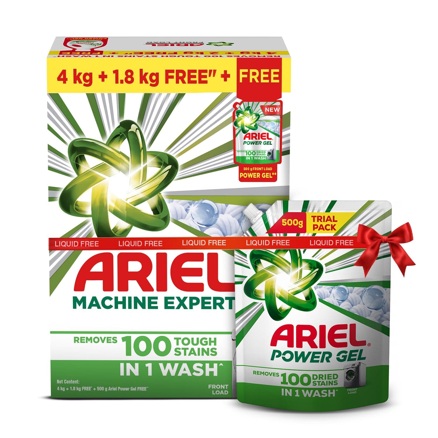 Ariel Matic Machine Expert Detergent Powder Front Load - 4Kg + 1.8kg + 500g Liquid free | Removes 100 Tough Stains in 1 wash | Specially Designed for Washing Machines | Fresh Fragrance