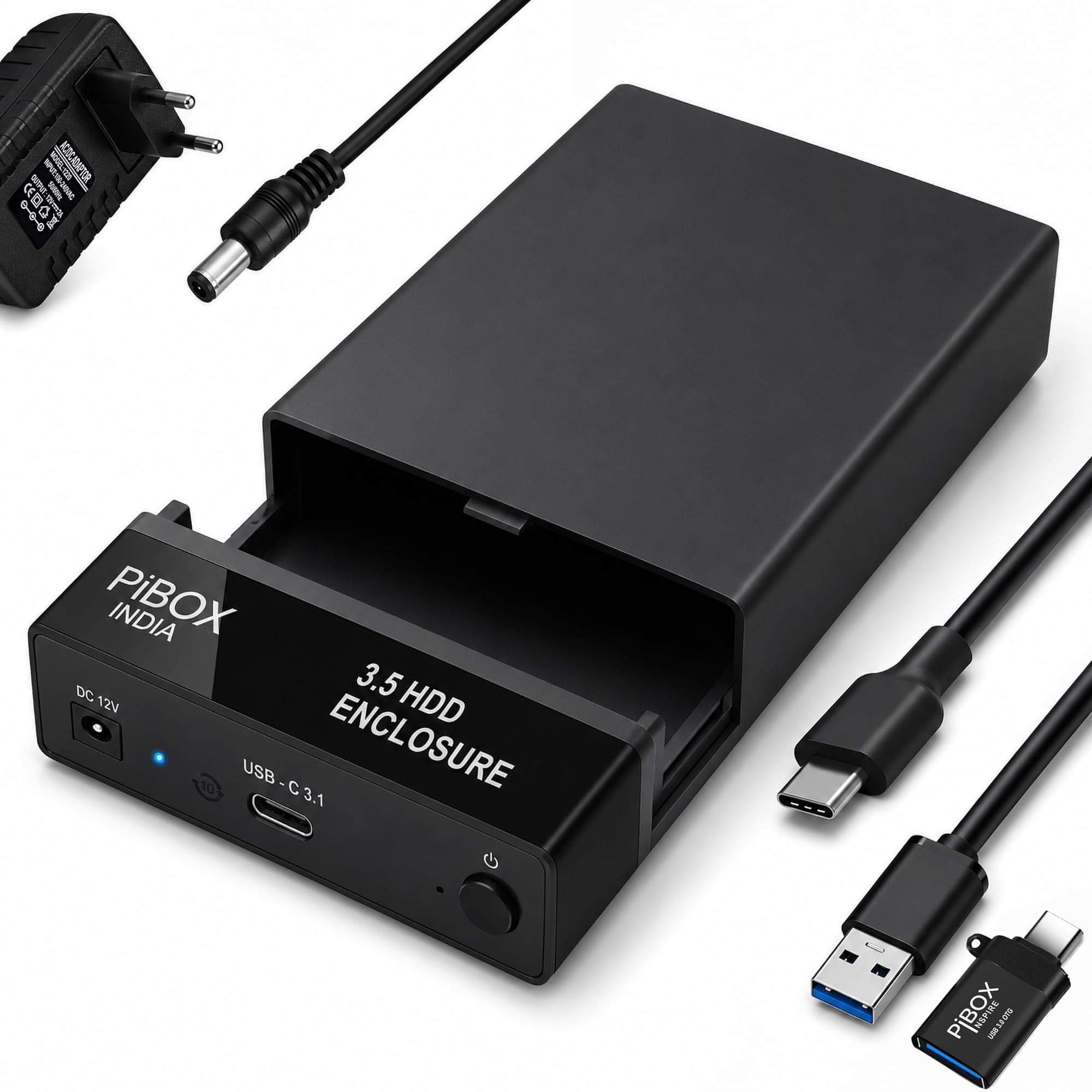 Hard Drive Enclosure Type C, PiBOX India USB 3.1 External Hard Drive Docking Station for 3.5/2.5 Inch SATA Hard Drives/SSD with 16 TB+, Tool-Free HDD Enclosure 12V/2A Power Supply UASP Acceleration