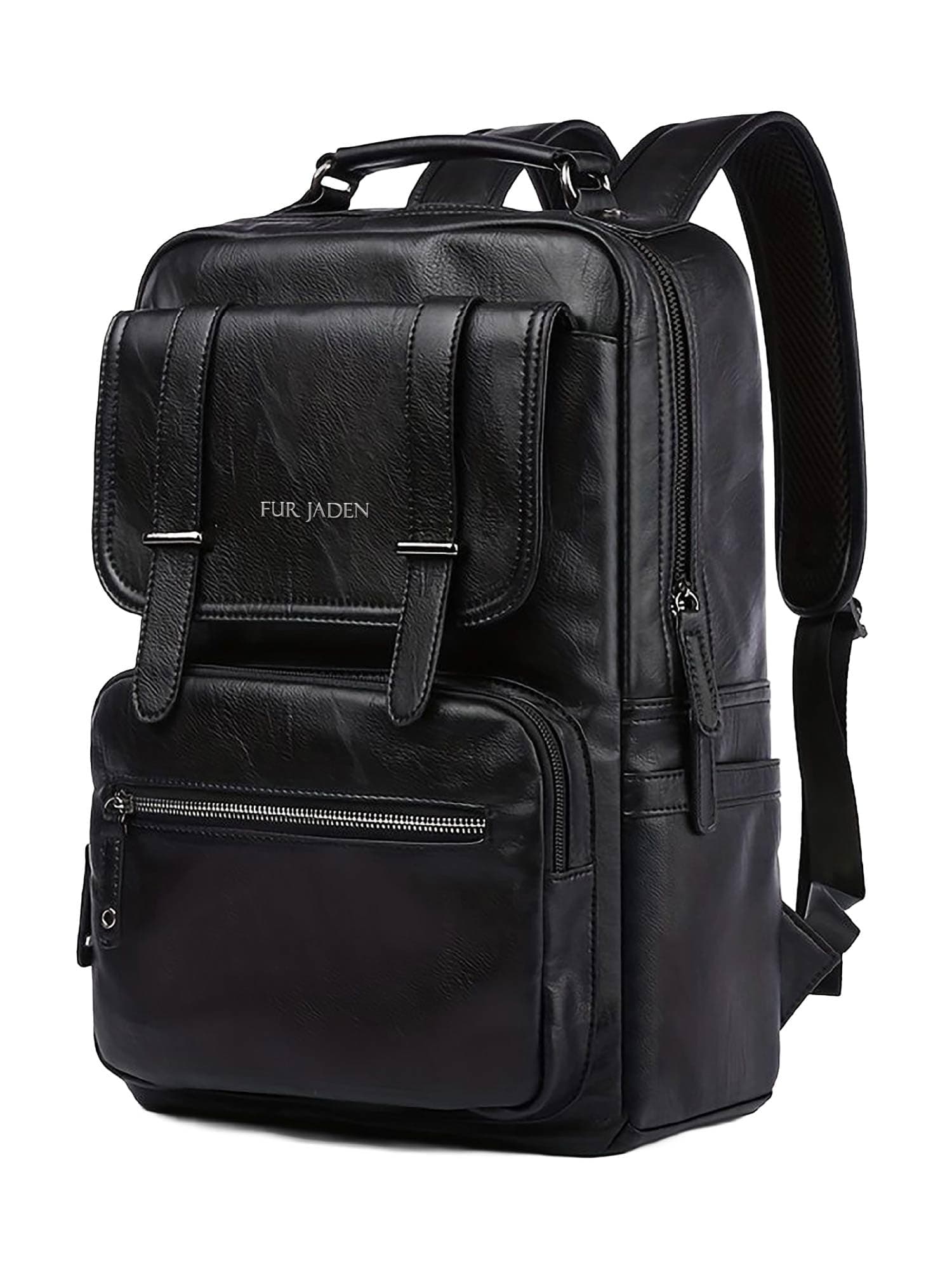 FUR JADEN Vegan Leather Stylish 15.6 Inch Laptop Backpack Travel Weekender Bag For Men Women (Black)