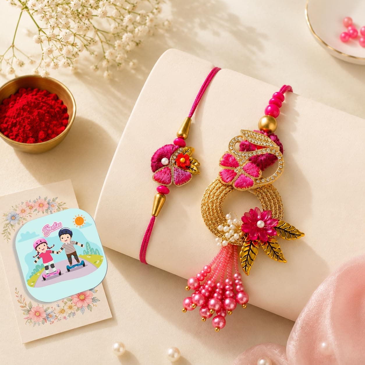 CraftVatika Rakhi Gift for Brother and Bhabhi, Designer Couple Rakhi Gift Combo for Brother Men Bhaiya, Premium Rakhis for Rakshabandhan, Lumba for Bhabhi Best Wishes Card Tillak Set with Magnet Gift