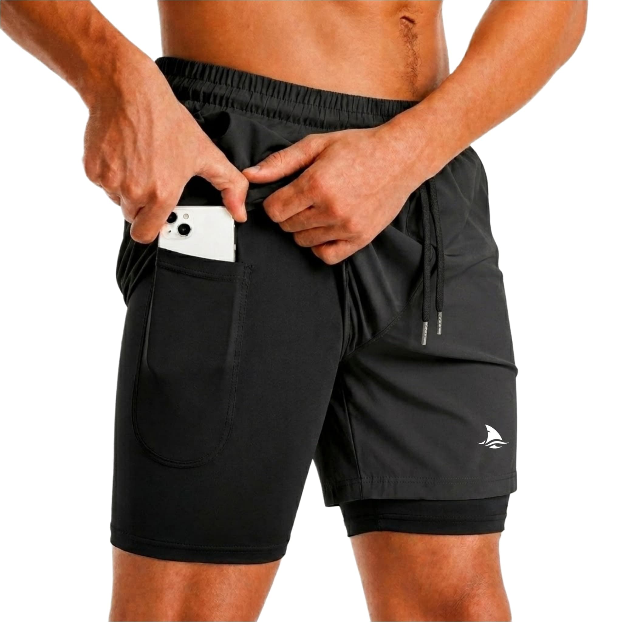 BOLDSHARK Men's Performance Dual Layer 2-in-1 Shorts with Compression Liner, Secure Phone Pocket, Breathable Fabric for Running, Workout, Gym & Training (in, Alpha, M, Black)