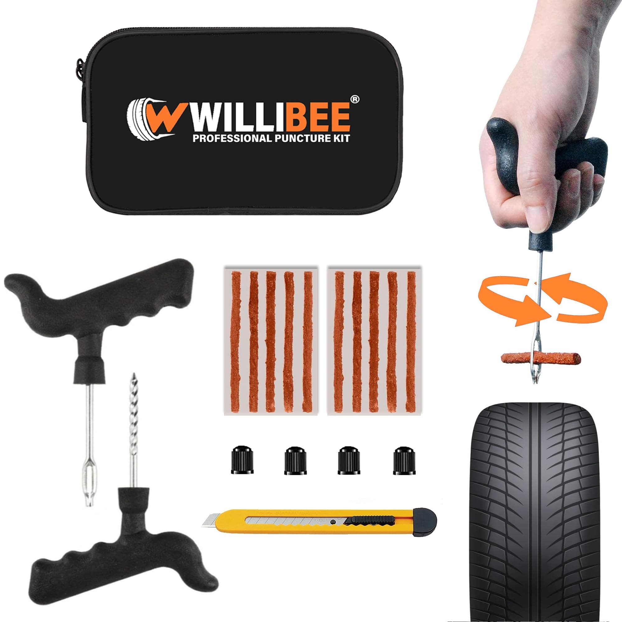 WILLIBEE 6-in-1 (Pack of 10 Strips) Tubeless Tyre Puncture Repair Kit for Bike & Car | Heavy-Duty Puncher Kit (Includes Storage Bag)