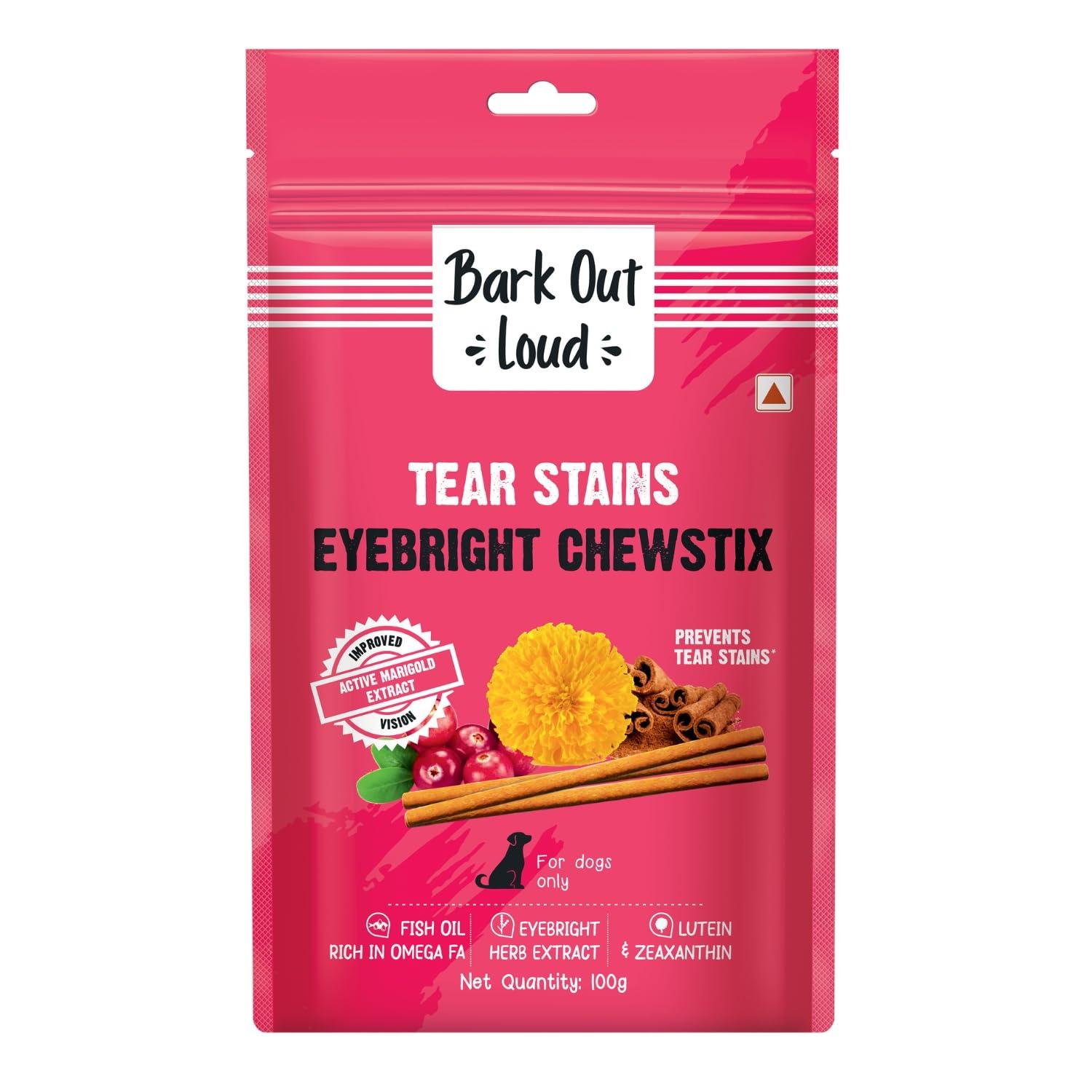 BARK OUT LOUD By Vivaldis - Tear Stains Eyebright Chewstix Stick for All Life Stages Dog | Active Marigold Extract, Rich in Omega FA for Dog, 100 Gm Dog Treats