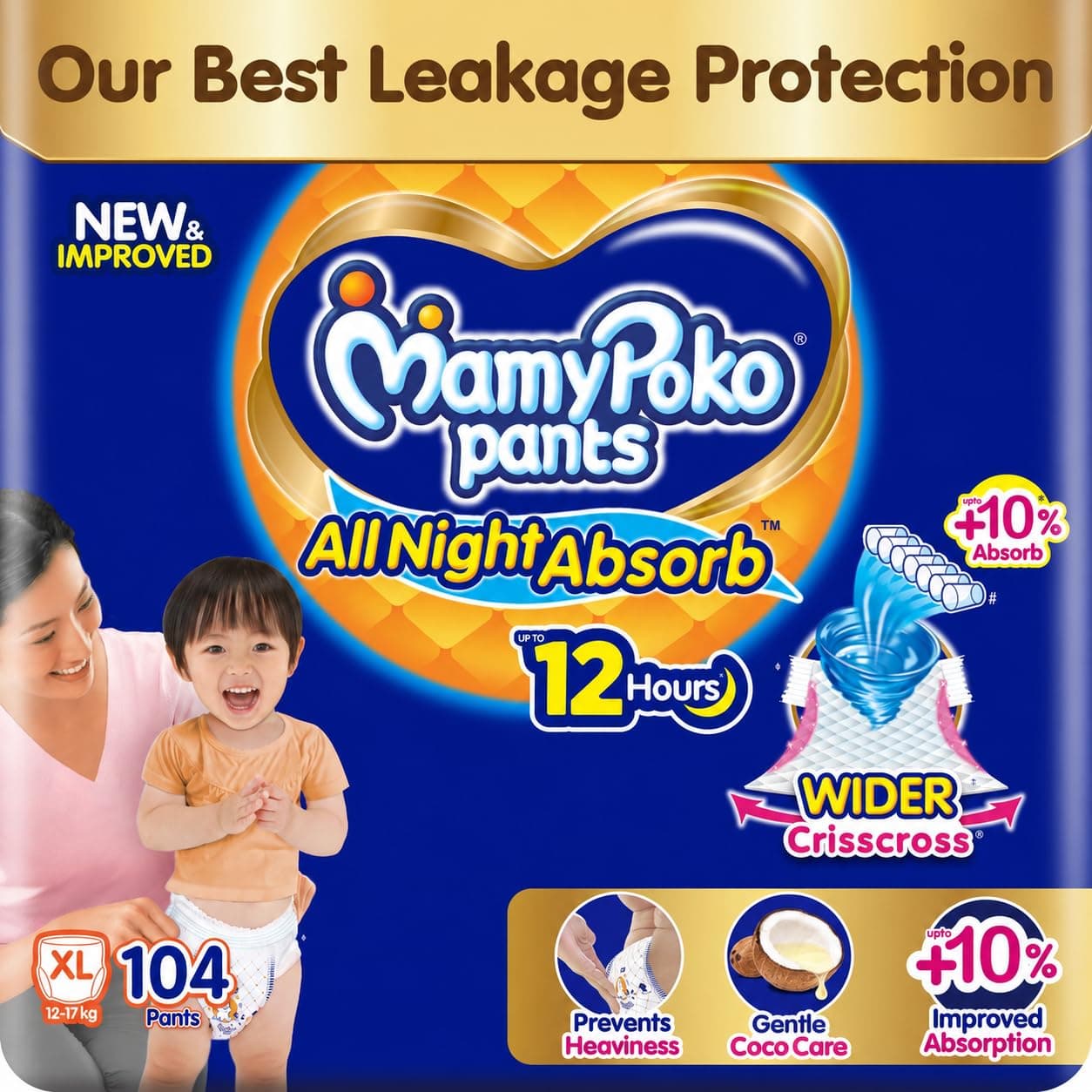 Mamypoko pants All night absorb| Pant Style Baby Diapers X- Large Size(XL), 104 Count (52*2), Ideal for 12-17Kgs|1 Diaper= Upto All night Absorption|Wider Crisscross Sheet|Gentle Coco Care| 12hr Leakage Protection| Prevents Heaviness.
