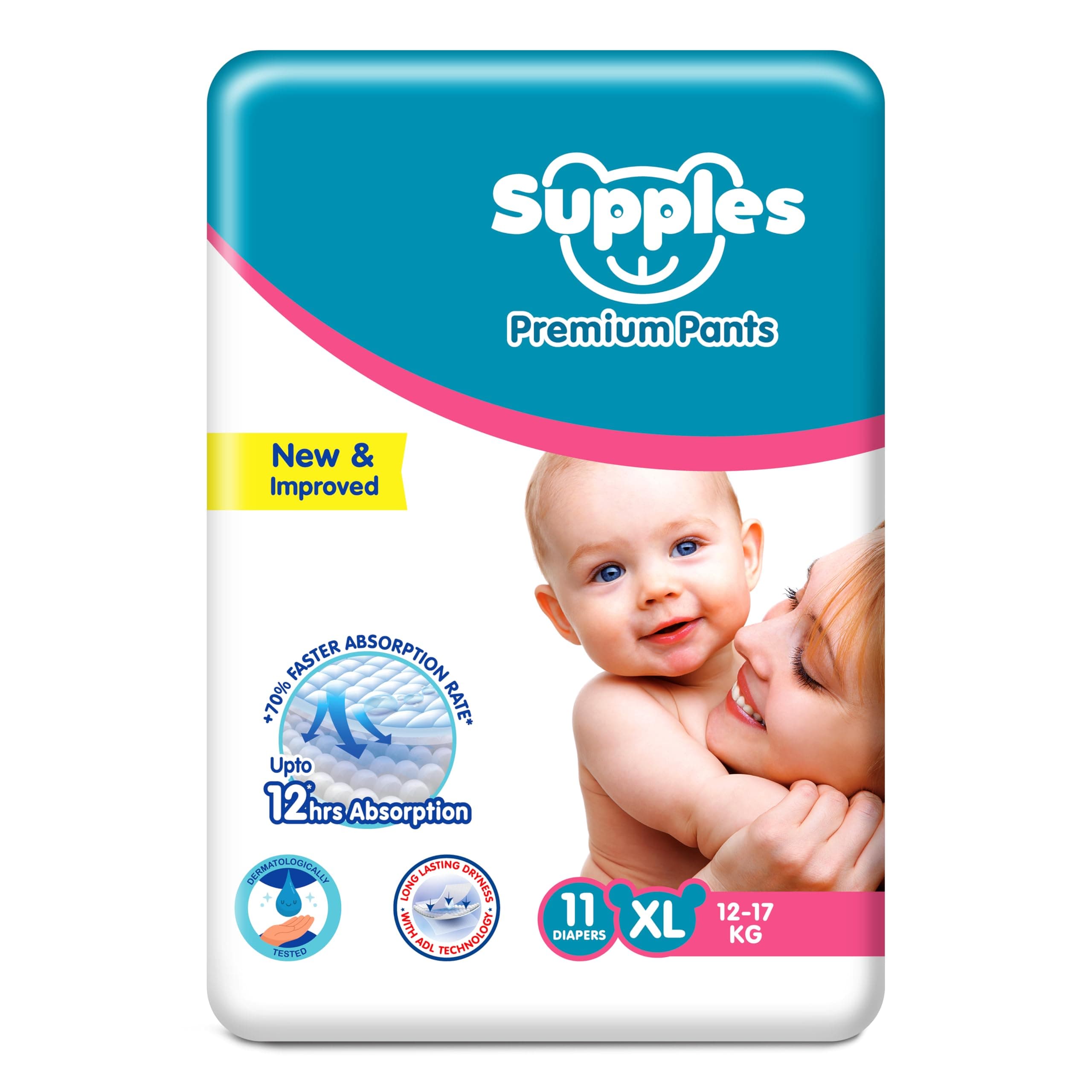 Amazon Brand - Supples Premium Baby Diaper Pants | 11 Baby Diapers | XL | 12-17 Kg | 12 Hrs Absorption | Cushiony Cotton Soft Fabric | Phthalates-Free | Triple Leak Guard