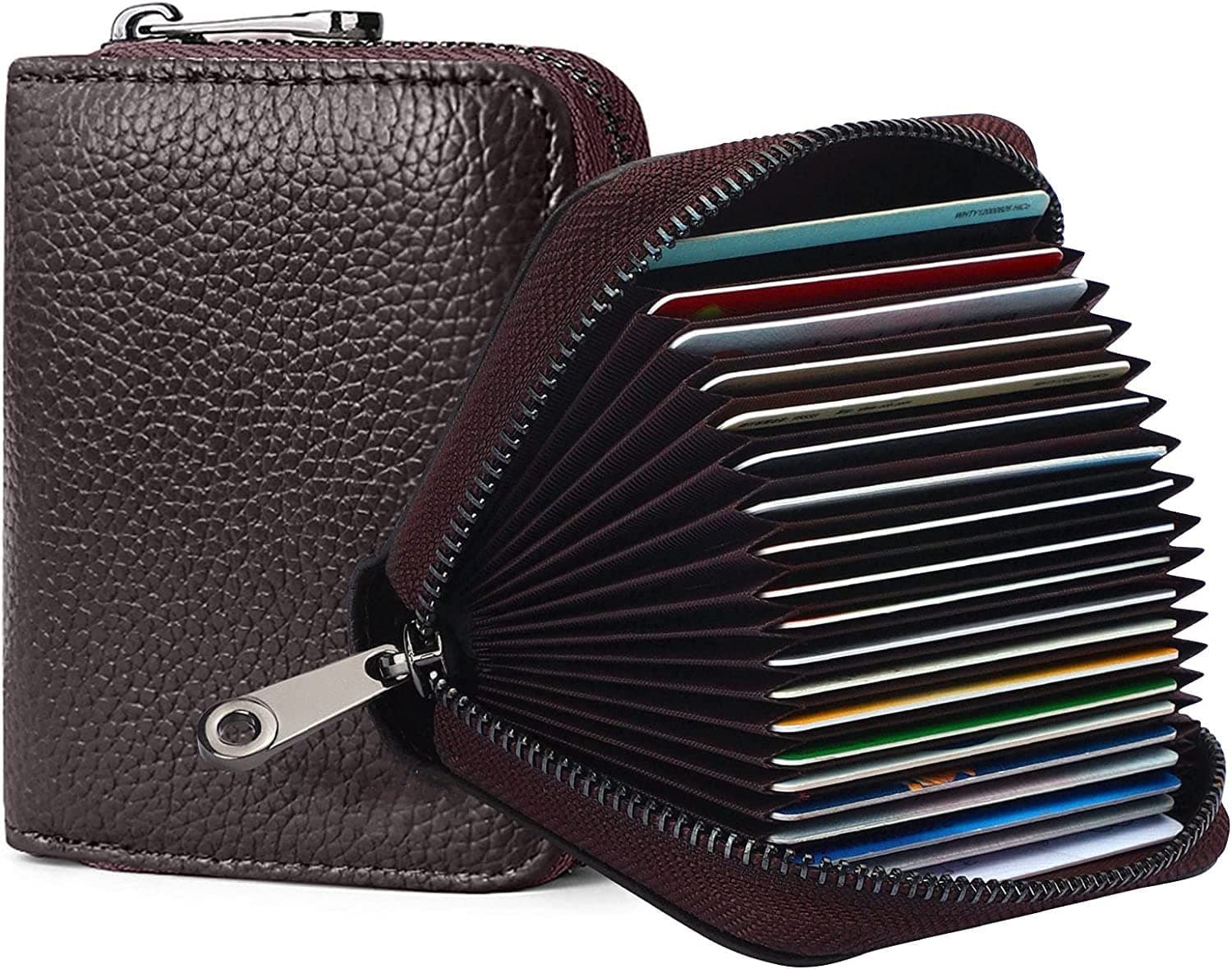 VOGARD RFID 12 Card Slots Leather Credit Card Holder Small Zipper Card Case Wallet for Women & Men (POP69-Brown)