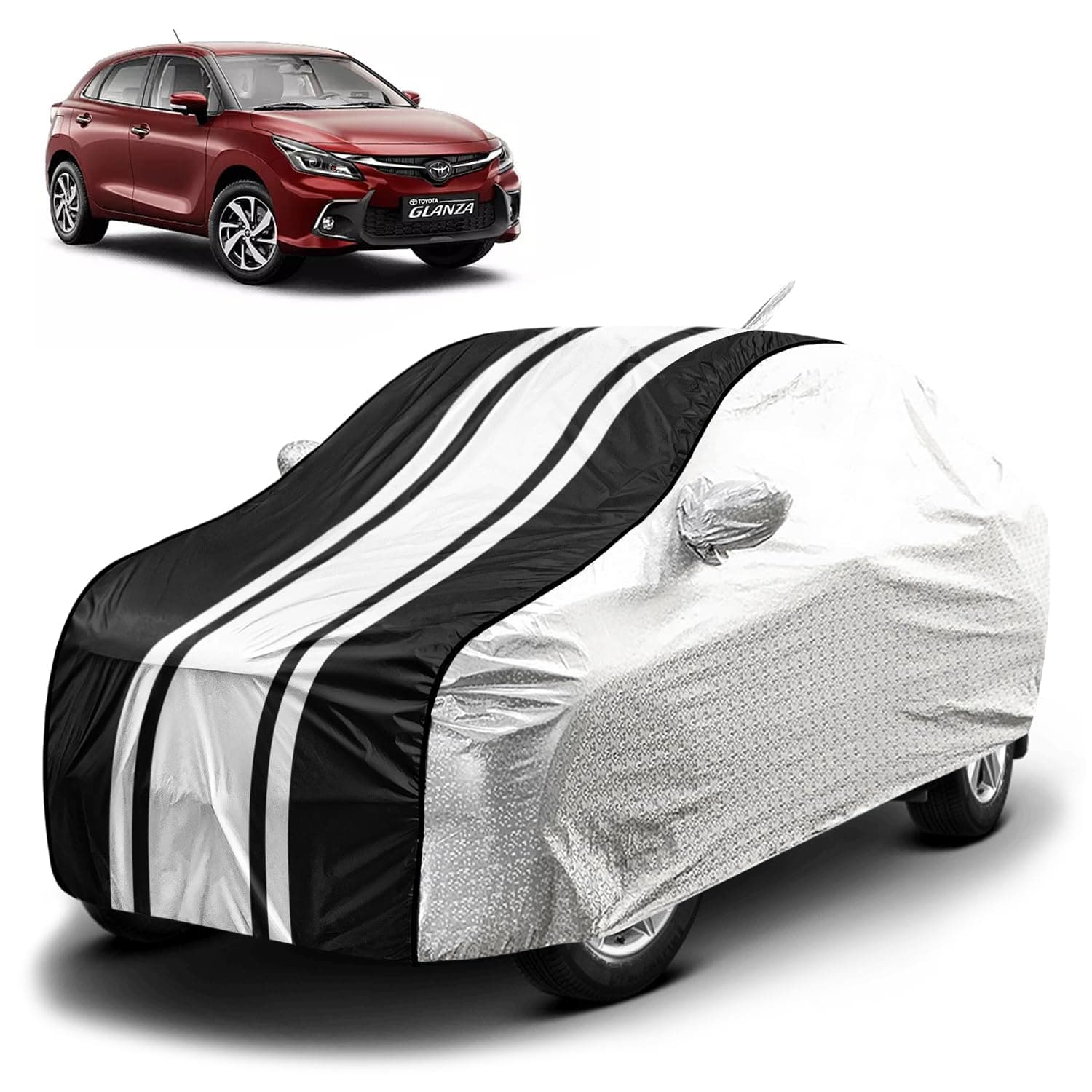 Fabtec Waterproof Car Body Cover for Maruti Glanza New with Mirror and Antenna Pocket and Soft Cotton Lining, Bottom Elastic, Triple Stitched (Metallic Silver with Black Stripes)