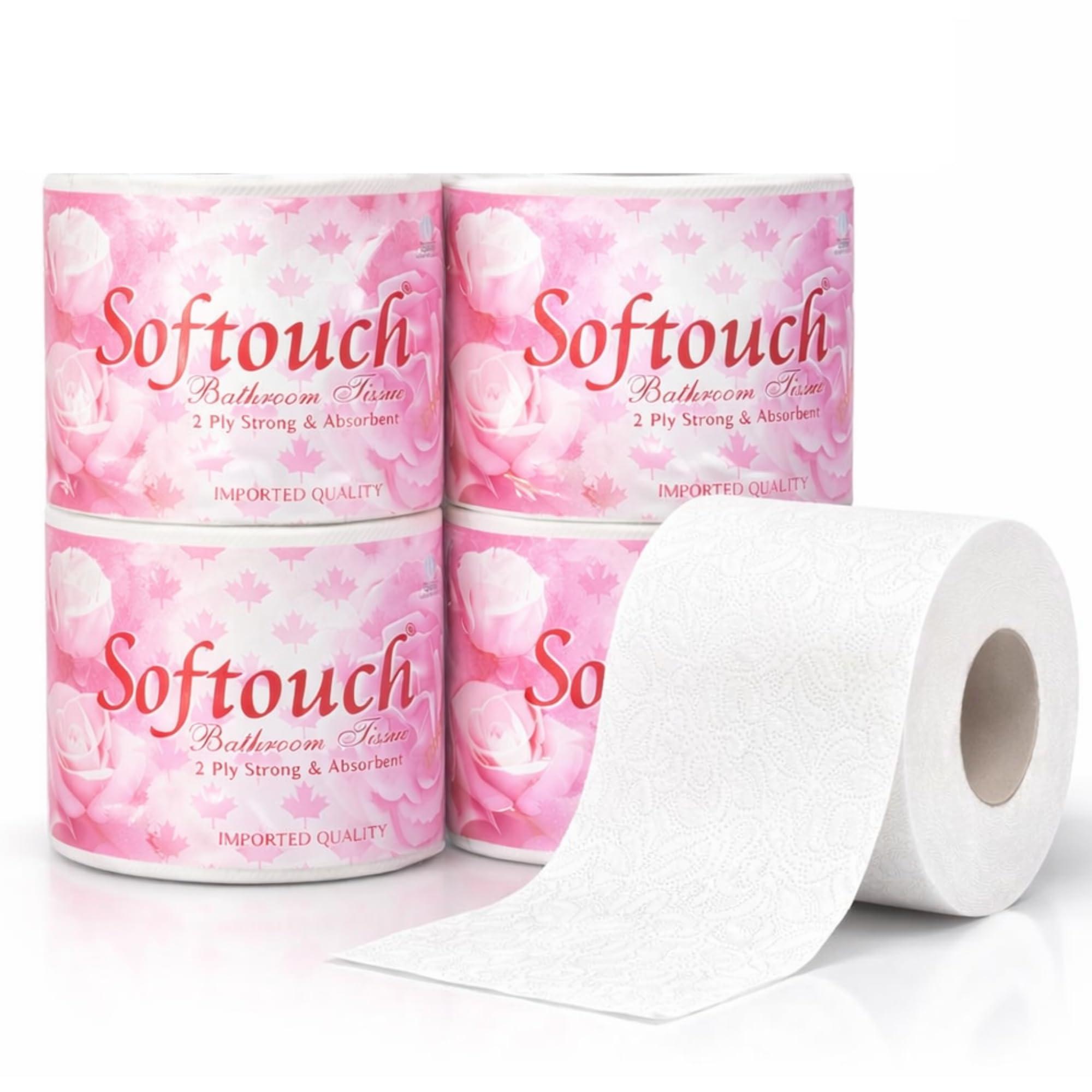 Softouch Toilet Tissue Roll 2 Ply | 1500 Pulls | 375 Pulls X 4 Rolls | Soft And Highly Absorbent | 100% Natural Virgin Cellulose Fiber (100 mtr per roll)