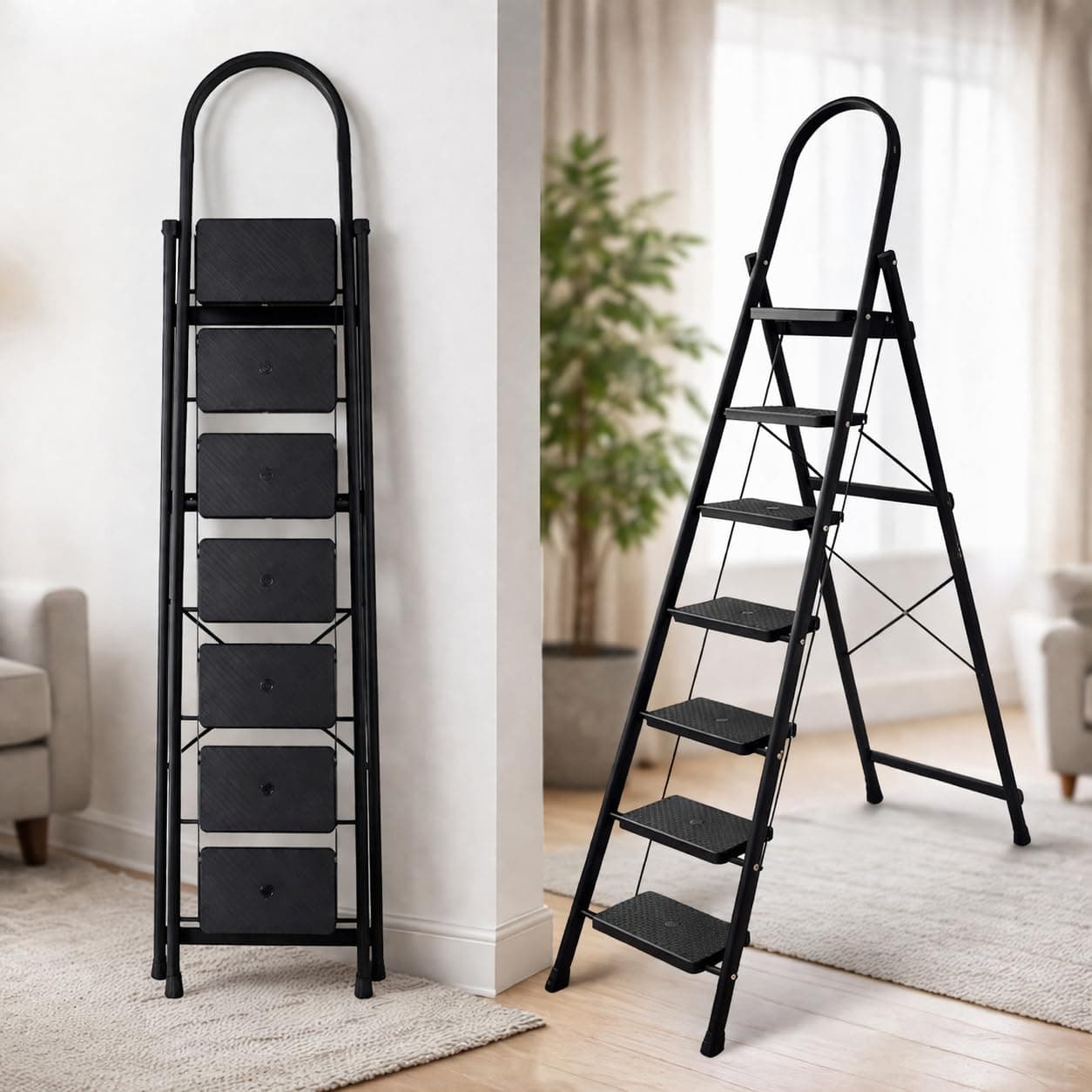 HOUZA Steel Ladder for Home 7 Steps Foldable with Anti-Skid Wide Steps (30cm x 20cm) | 7 Step Ladder for Home Use with D-Shape Rods | Secure Lock | 150 Kg Capacity Folding Ladder | 5 Year Warranty