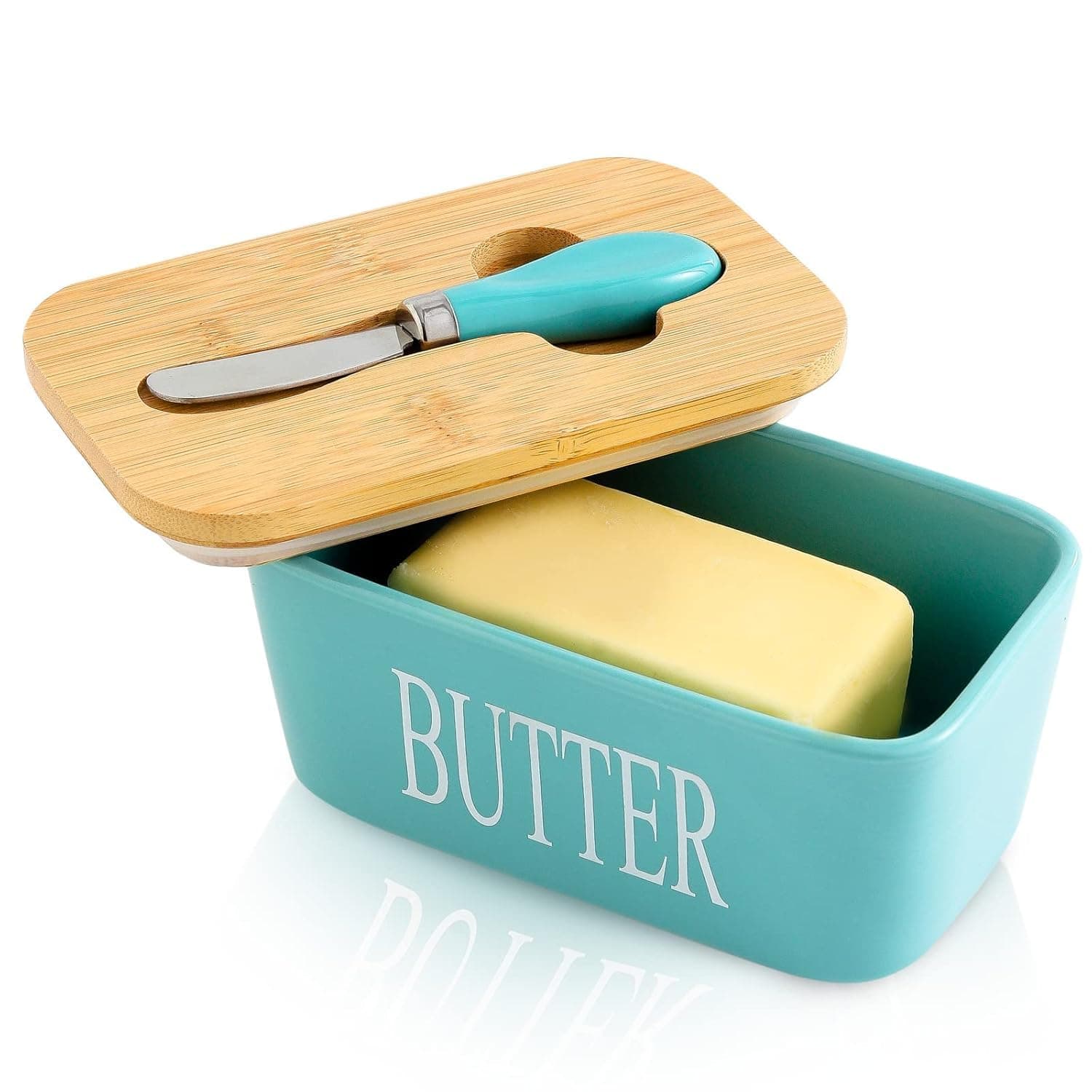 L'eanourz® Ceramic Butter Dish with Bamboo Lid and Stainless Steel Knife – Large Airtight Butter Container for Countertop & Fridge – Modern Kitchen Decor (Aqua Green)