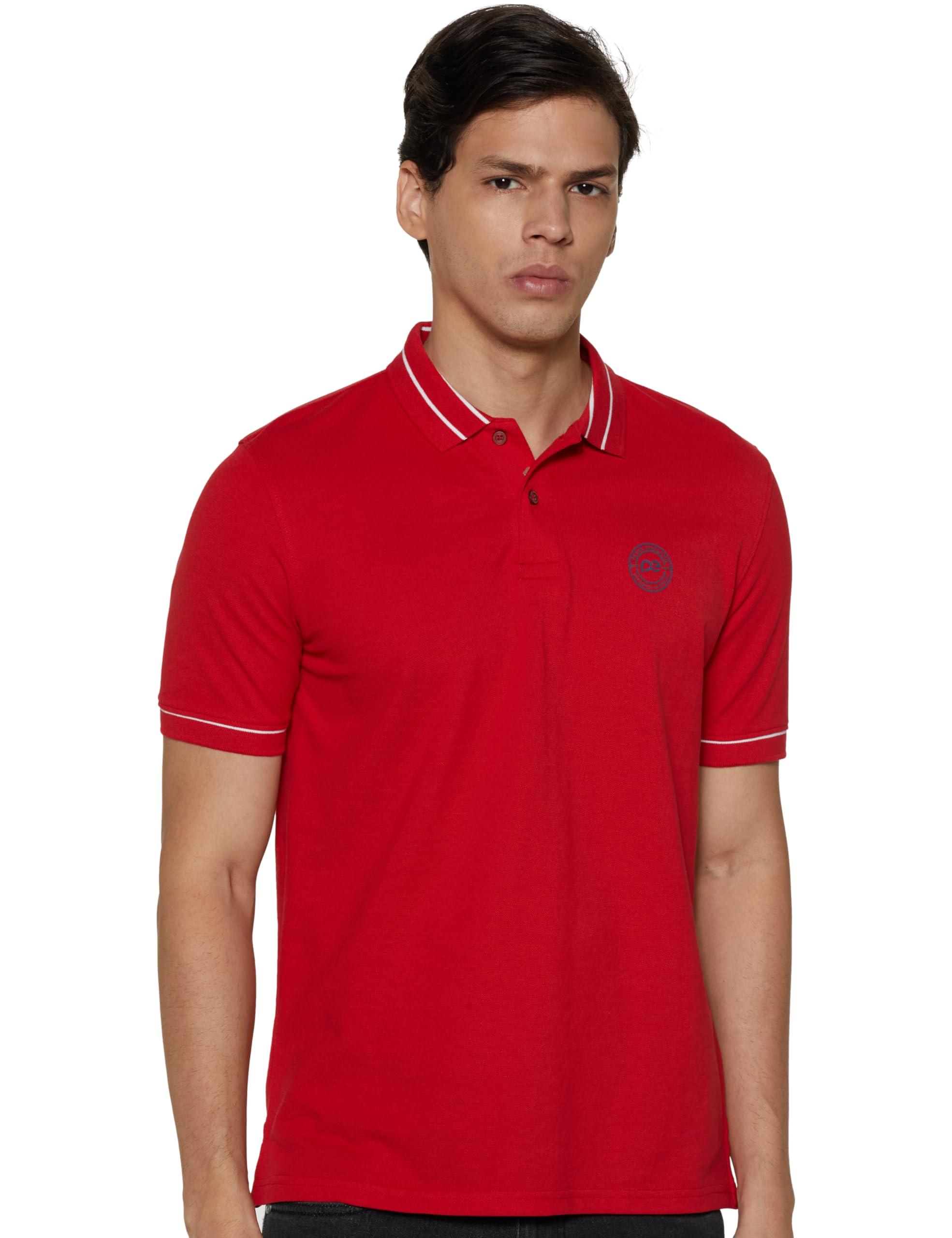 Peter England Men's Regular Fit Branded Insignia Half Sleeve Polo T Shirt|Cotton Rich|Premium Pique Weave,Red