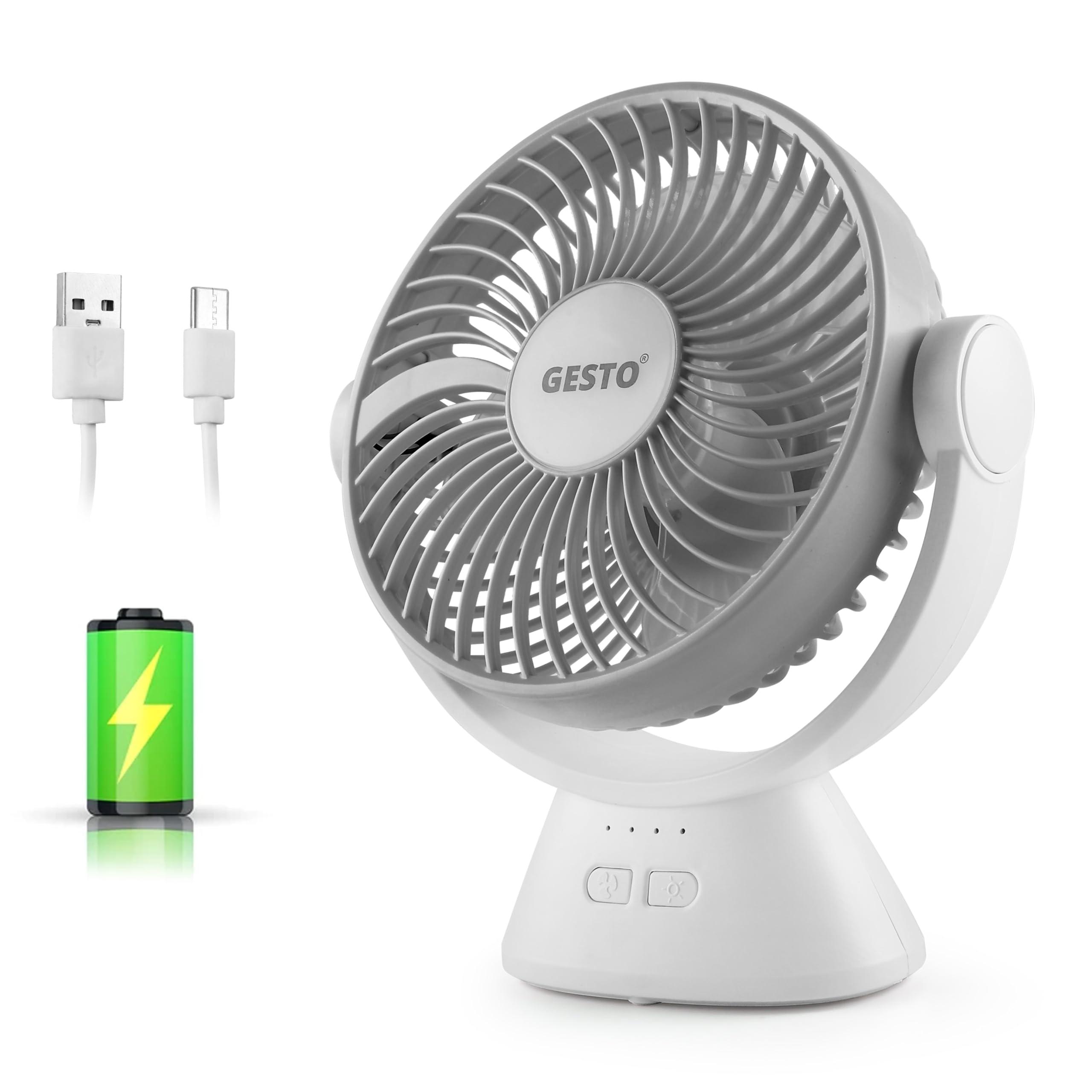 Gesto 7.8 Inch High Speed Rechargeable Table Fan for Home – USB Charging Battery Fan With Led Light | 2400mAh Battery for Upto 8 Hours Runtime | 3 Speed Modes Portable fan for Home,Office -Grey/Green