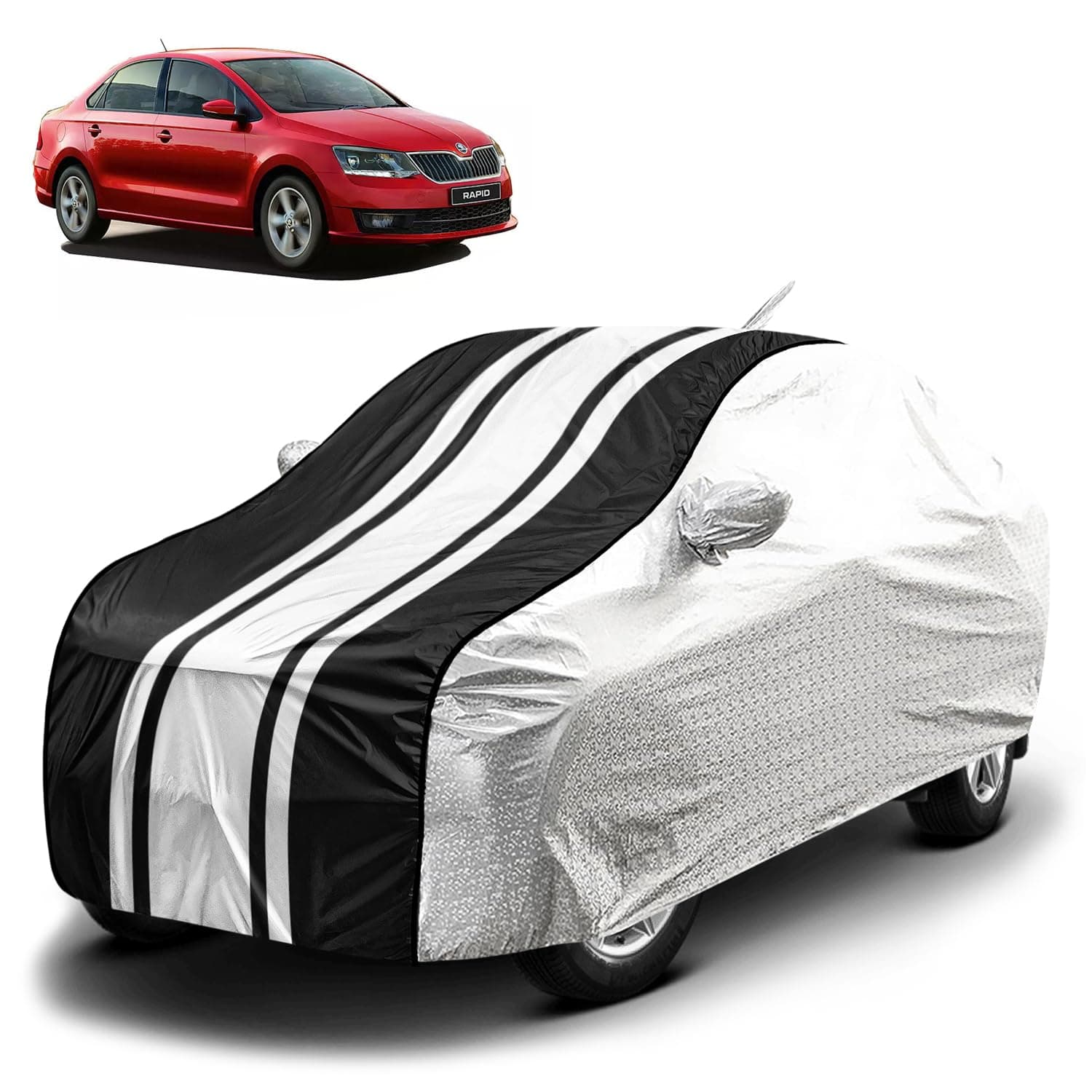 Fabtec Waterproof Car Body Cover for Skoda Rapid with Mirror Pocket and Soft Cotton Lining, Bottom Elastic, Triple Stitched (Metallic Silver with Black Stripes)