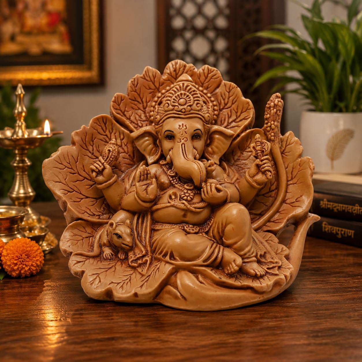 KariGhar® Ganesh Ganpati Bappa Shoeflower Idol for Car Dashboard | Living Room | Drawing Room | House Warming | Puja Ghar | Decoration & Gifting 8 x 14 x 11 cm