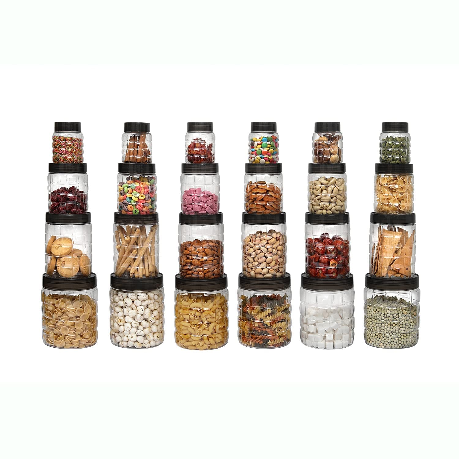 CELLO Checkers Kitchen Storage Container Box Set of 24 Pcs (6x300ml, 6x650ml, 6x1200ml, 6x2000ml) | Transparent Unbreakable Fridge Safe Stackable Airtight Storage Canister Set For Spices Dry Fruits