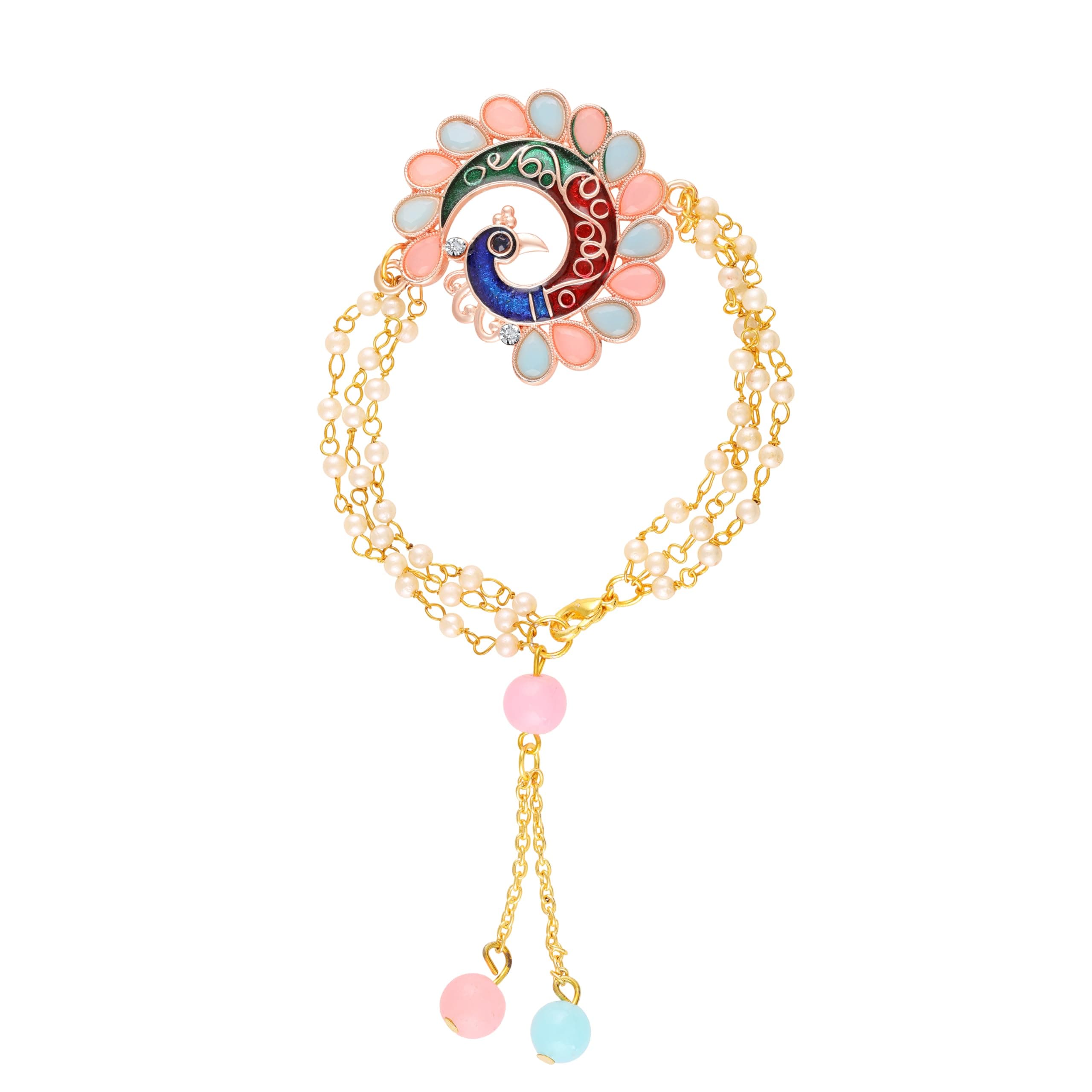 Mahi Multicolor Peacock-Shaped Lumba Rakhi for Bhabhi | Enamel Work Bracelet with Artificial Pearl Chains & Pastel Beads (RAL1100850G)
