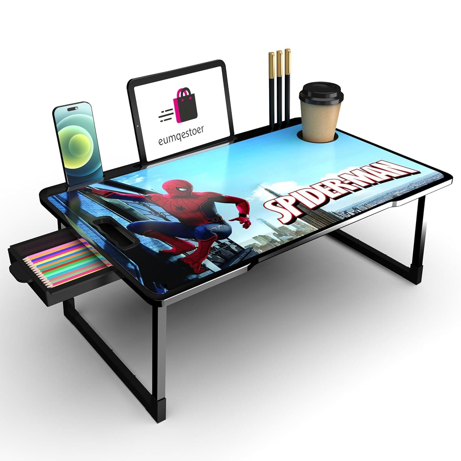 BRINKL Engineered Wood Multipurpose Foldable Laptop Table with Cup Holder | Table Home Study Writing Table, Foldable and Portable/Ergonomic Edges (SPYDERMAN COTED 1)