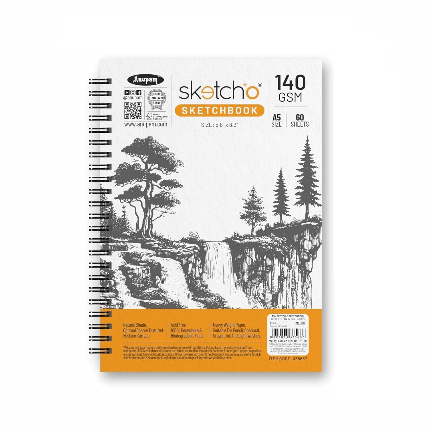 Anupam Sketch-O A5 Sketchbook | 60 Sheets (120 Pages) Each | 140 GSM Acid-Free Drawing Paper | Side Spiral-Bound Sketch Pad | For Artists, Kids & Professionals | Markers, Coloured Pencils & Charcoal | Set of 2