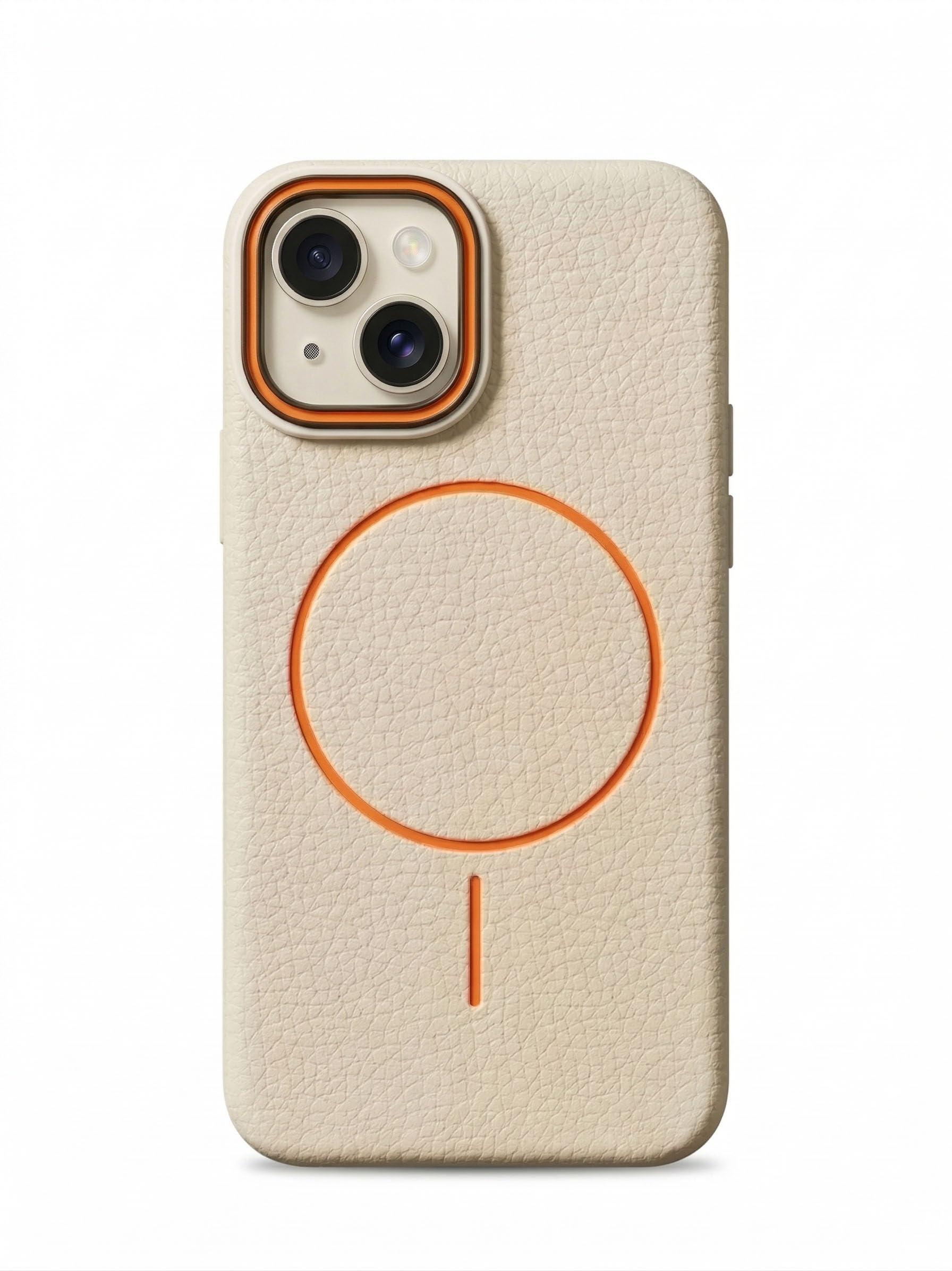 amazon basics Luxury MagSafe Compatible Leather Texture Back Cover for iPhone 15 | Raised Camera Protection | Slim Fit Shockproof Case with Metallic Accents (White)