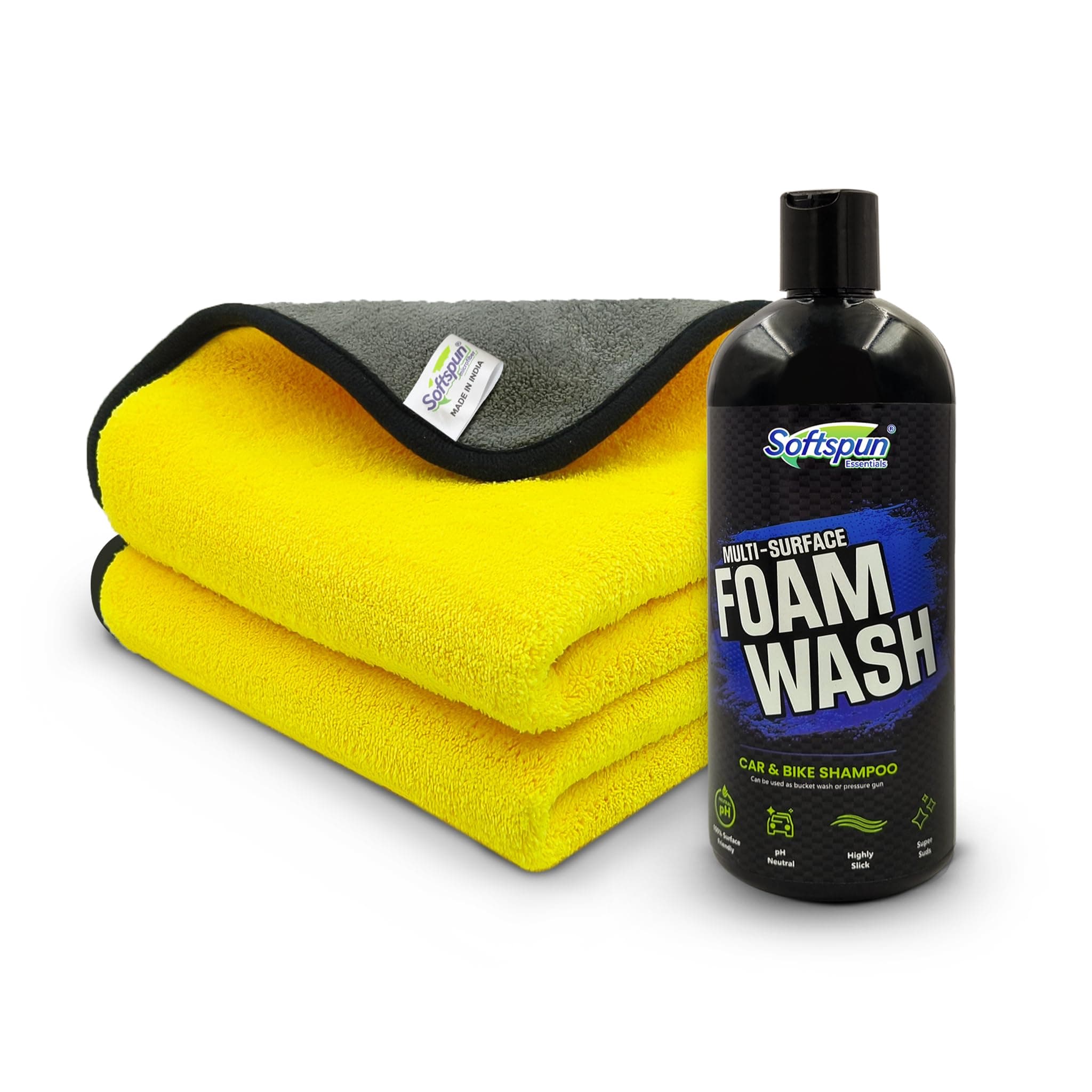 SOFTSPUN Microfiber 900gsm 2pcs 40x40cm Yellow+Grey + 500mL Car & Bike Premium Liquid Shampoo Combo | Extra Suds, Removes Tough Dirt & Grime | pH Neutral | Works with Bucket & Foam Cannon