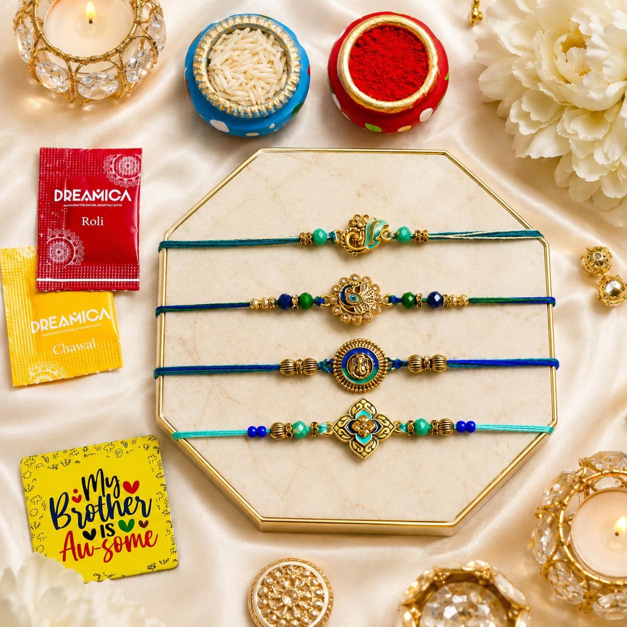 Dreamica Set of 4 Designer Rakhi for Brother | Combo with ‘My Brother is Awesome’ Fridge Magnet, Tilak Set (Roli-Chawal), and Greeting Card | Best Rakhi Gift for Brother (Rakhi-91)