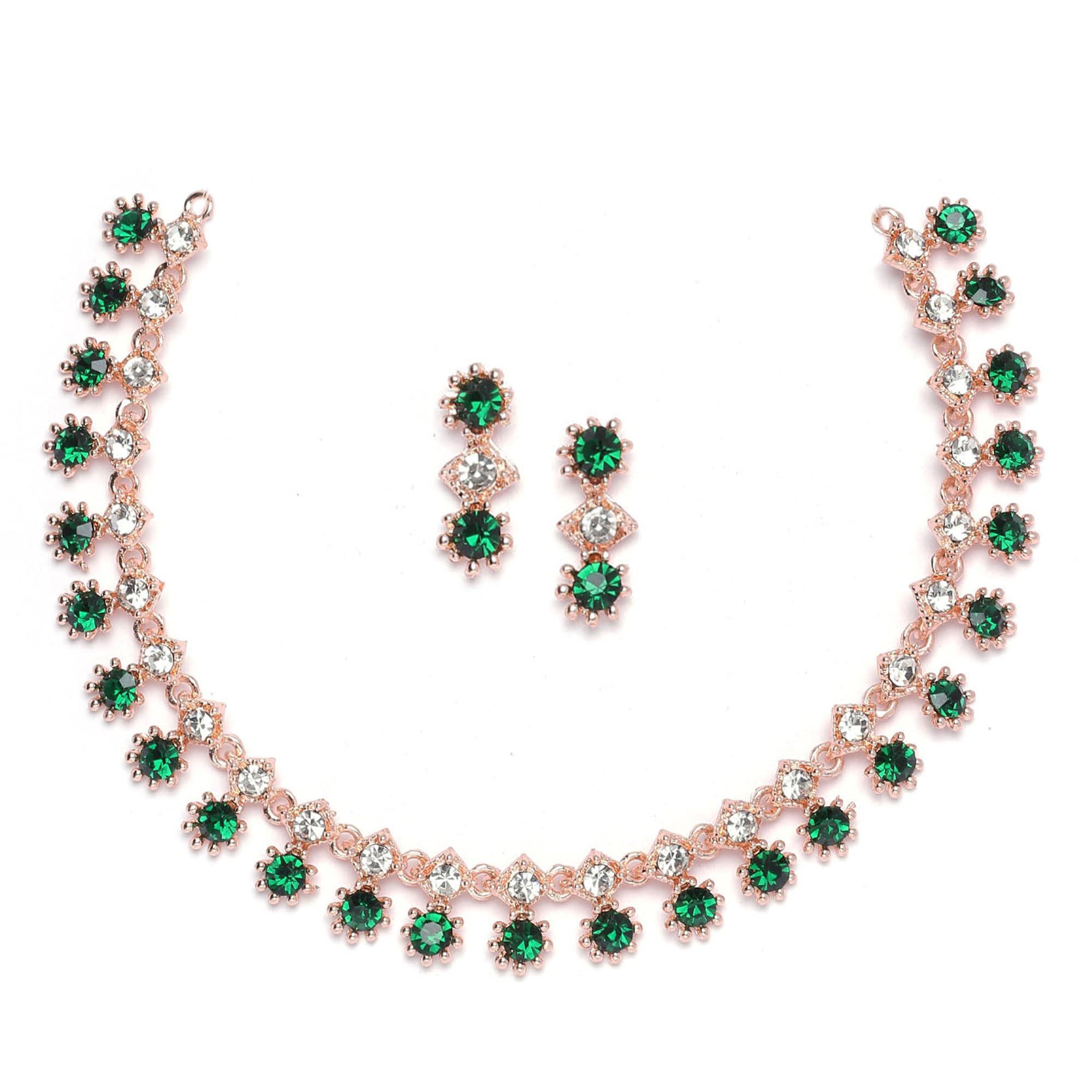 ZENEME Rose Gold-Plated Green CZ Stone Necklace Set with Earrings for Women & Girls Rosegold -Toned Jewellery Set For Womens