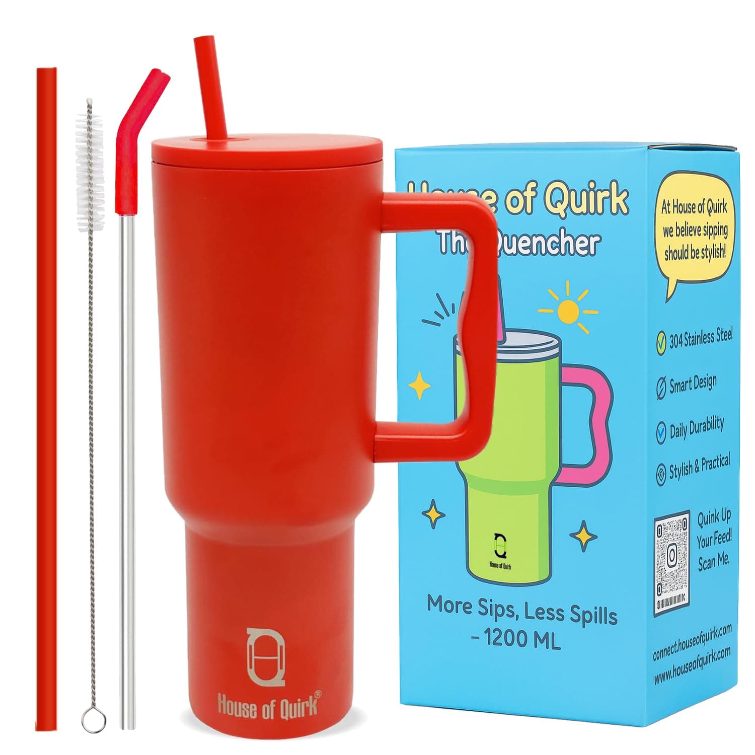 House of Quirk 1200ML Stainless Steel Tumbler with Handle & Lid, 2 Straws – Large Travel Mug Water Cup for Gym, Office & Outdoor Use (Red)