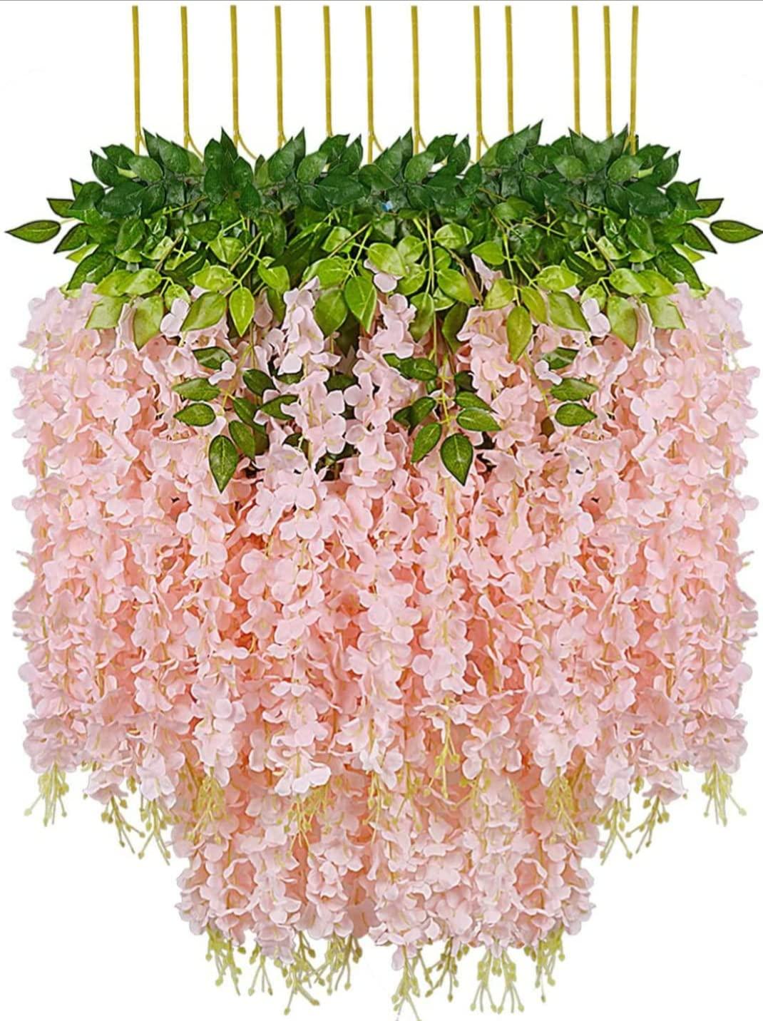 Vrb Dec Pack Of 12 (43.2Ft) Artificial Wisteria Vine| Ratta Fake Wisteria Hanging | Garland Silk Long Hanging Bush Flowers String For Home Party Wedding Decor (Blush Pink, 12) - 20 Cm