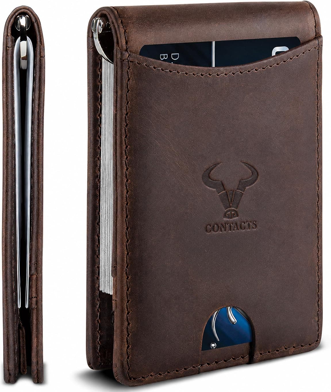 Contacts Genuine Leather Money Clip Wallet Slim Front Pocket RFID Blocking Card Holder Minimalist Mini Bifold for Men's with Smart Pull Strap 8 Card Slots Photo ID (Brown)