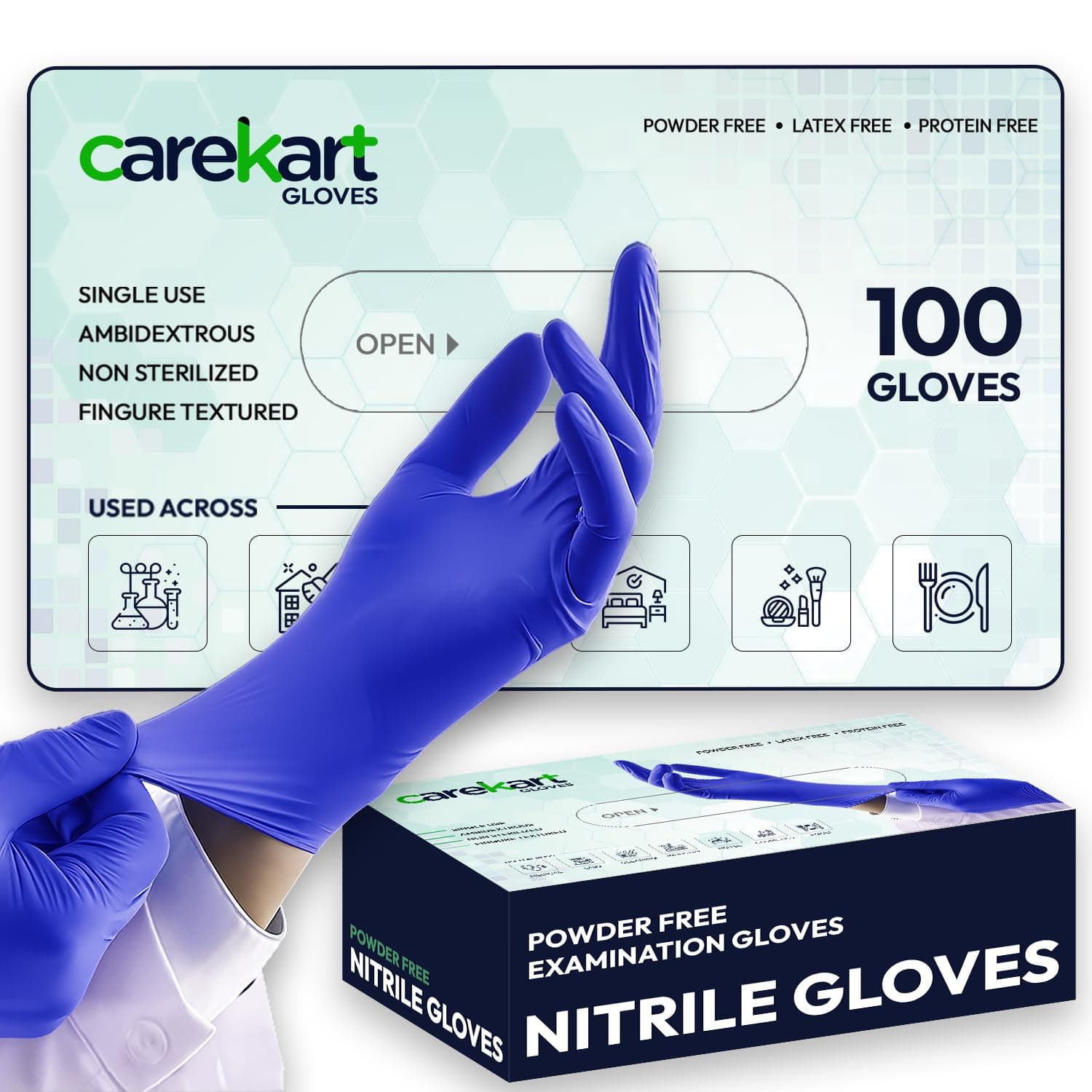 Carekart Gloves Nitrile Powder-Free Examination Gloves | Made In India | Disposable Hand Gloves - Blue, Medium (Pack of100)