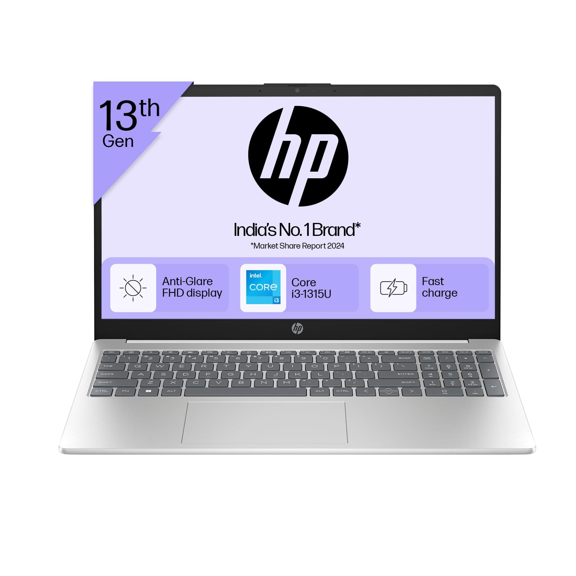 HP 15, 13th Gen Intel Core i3-1315U Laptop (8GB DDR4, 512GB SSD) Anti-Glare, Micro-Edge, 15.6"/39.6cm, FHD, Win 11, MSO 21, Silver, 1.59kg, Intel UHD Graphics, 1080p FHD Camera, 15-fd0465TU
