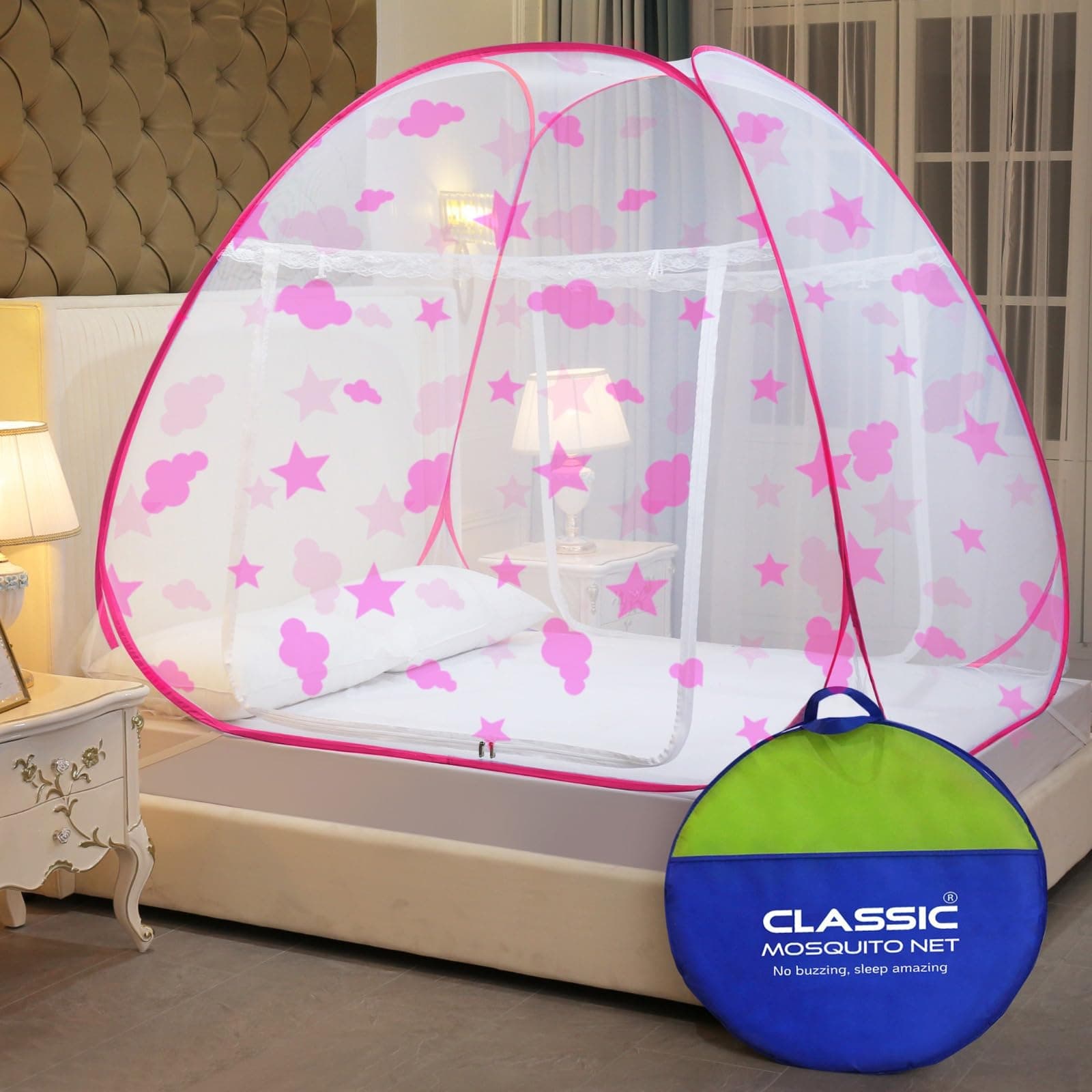 Classic Mosquito Net for King Size Bed Cloud Design | 30 GSM Polyester Fine Mesh | Foldable Pop Up Machardani for Double Bed | 360° Mosquito & Insect Protection | Washable & Reusable | Pink