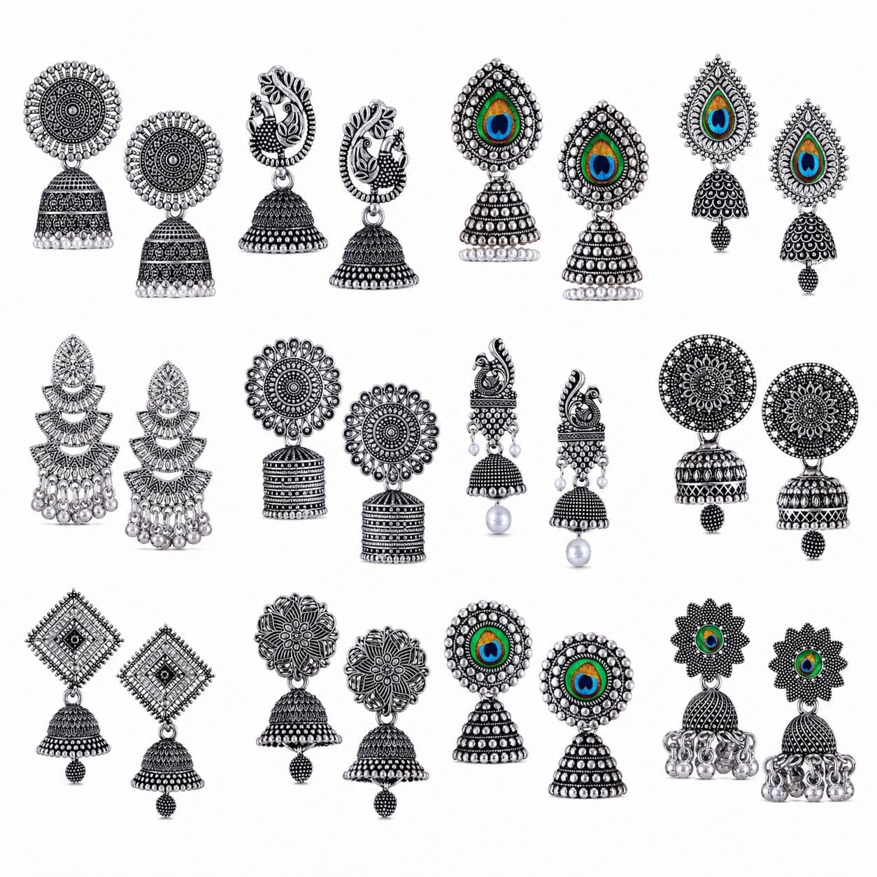 MEENAZ 12 Pair earrings for women Stylish fashion jhumka oxidised Silver Earrings for women Combo chandbali pearl chandbali stylish jhumkas traditional Earrings For girls South indian traditional Ear Rings -M879