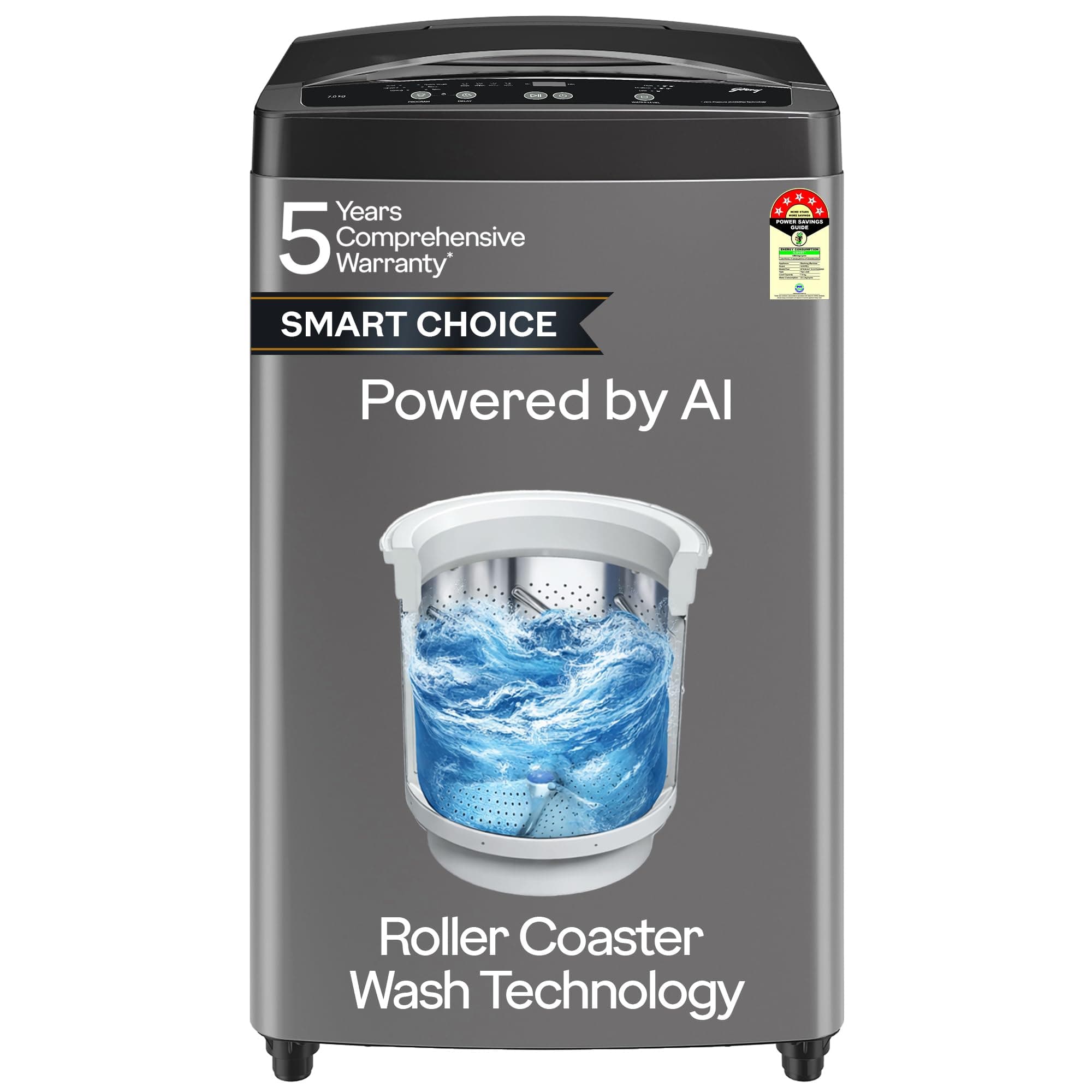 Godrej Smart Choice 7 Kg 5 Star, 5 Years Comprehensive Warranty, AI Tech, Fills Tub At ~0 Water Pressure, Fully-Automatic Top Load Washing Machine (WTEON ALP 70 5.0 FDUN GPGR, Graphite Grey)